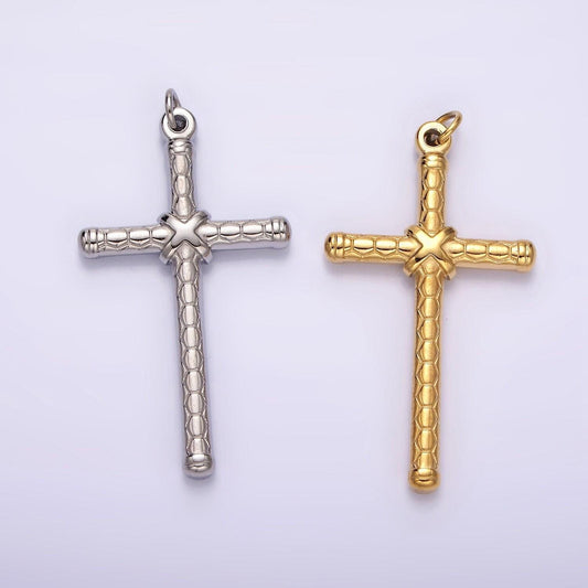 Stainless steel gold cross tied hexagon textured charm in gold & silver for unisex men jewelry component religious pendant | p1282 p1283