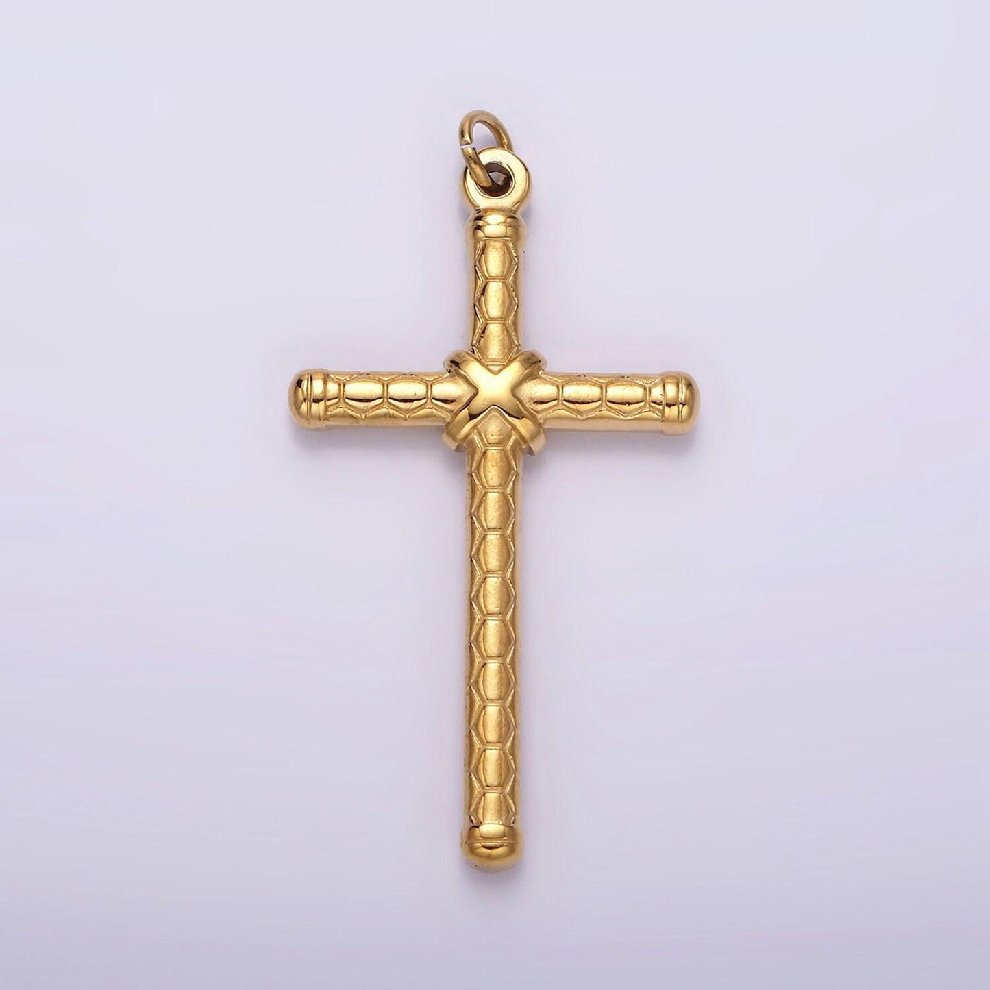 Stainless steel gold cross tied hexagon textured charm in gold & silver for unisex men jewelry component religious pendant | p1282 p1283