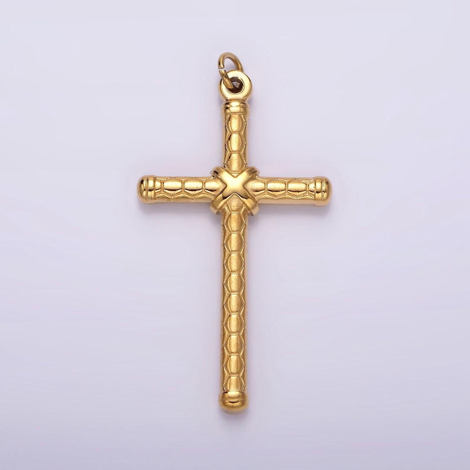 Stainless steel gold cross tied hexagon textured charm in gold & silver for unisex men jewelry component religious pendant | p1282 p1283