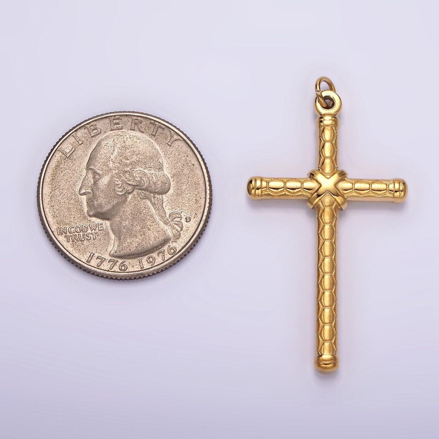 Stainless steel gold cross tied hexagon textured charm in gold & silver for unisex men jewelry component religious pendant | p1282 p1283