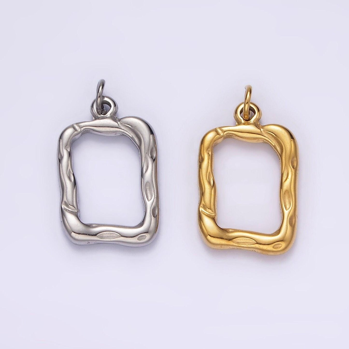 Stainless steel 20mm open hammered rectangular charm in gold & silver | p1263