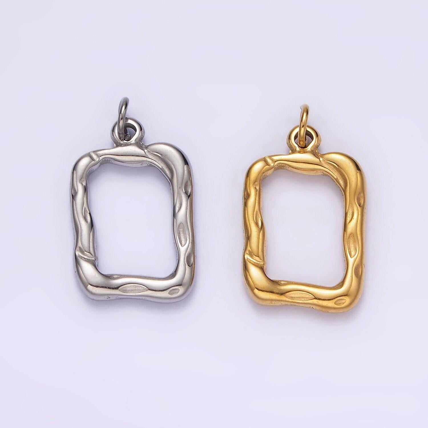 Stainless steel 20mm open hammered rectangular charm in gold & silver | p1263