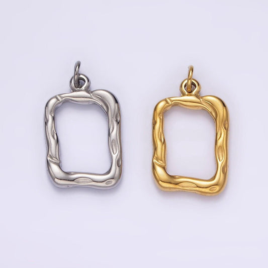 Stainless steel 20mm open hammered rectangular charm in gold & silver | p1263