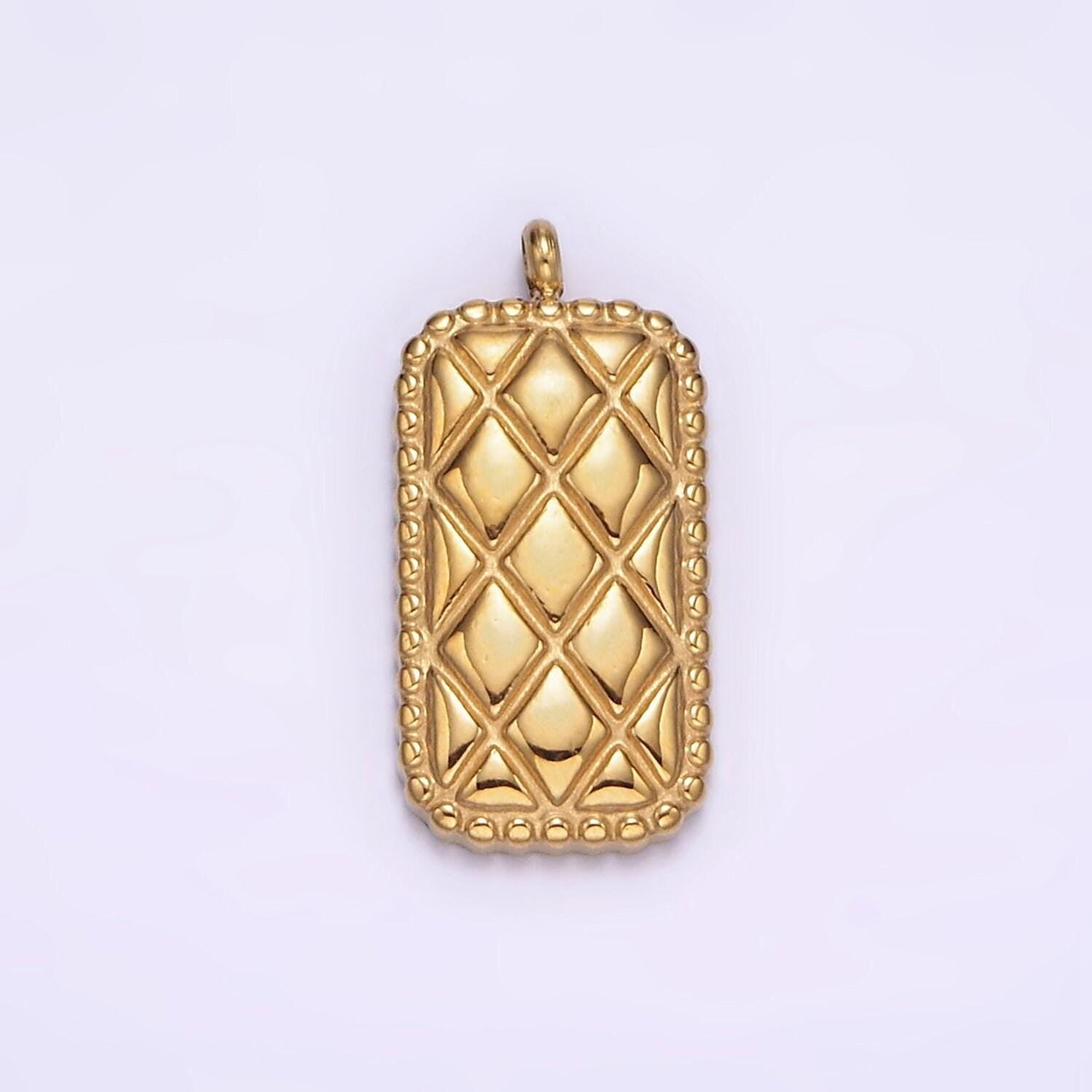 Gold stainless steel 18.3mm quilted rectangular bar charm | p1241