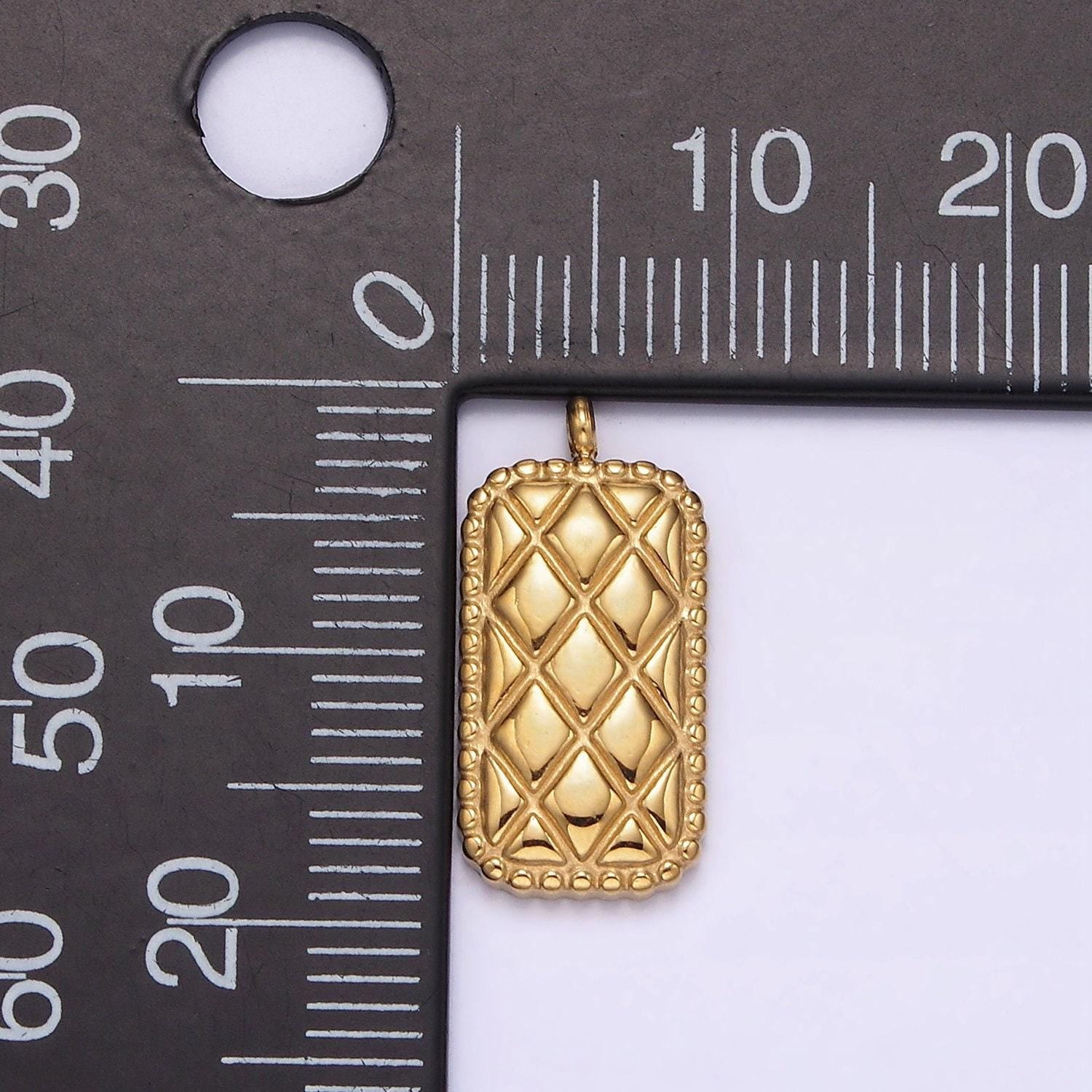 Gold stainless steel 18.3mm quilted rectangular bar charm | p1241