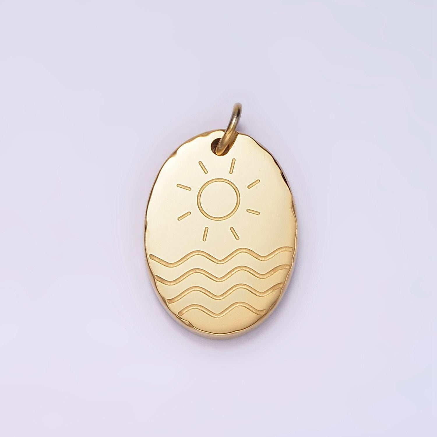 Stainless steel oval summer charms, steel sun beach pendants minimalist ocean jewelry lightweight p-1243
