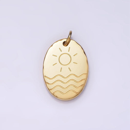 Stainless steel oval summer charms, steel sun beach pendants minimalist ocean jewelry lightweight p-1243