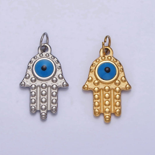 Stainless steel blue evil eye enamel hamsa hand charm in gold & silver | ab1104 p-1230