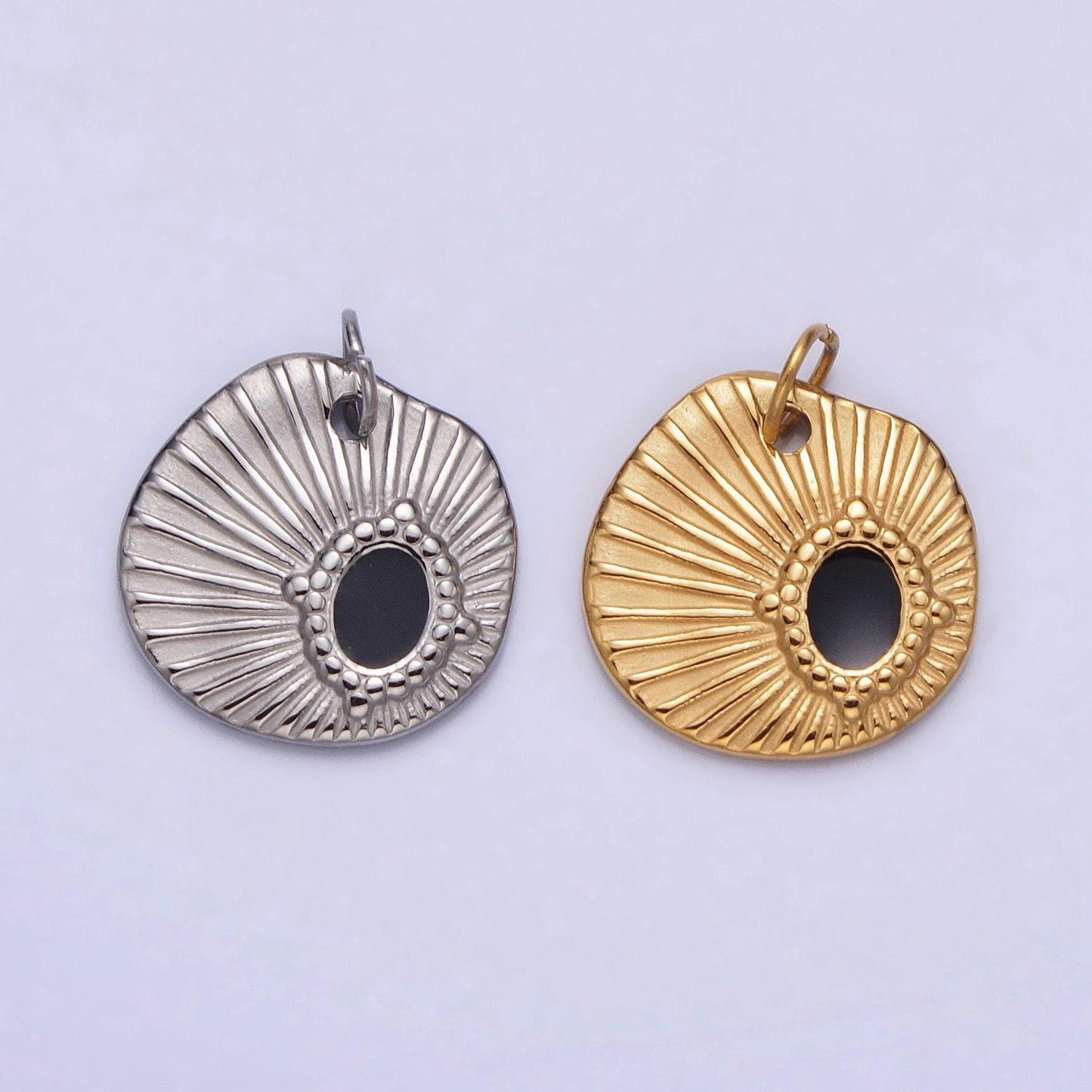 Stainless steel black oval abstract sunburst charm in gold & silver | p-1228 ab1117