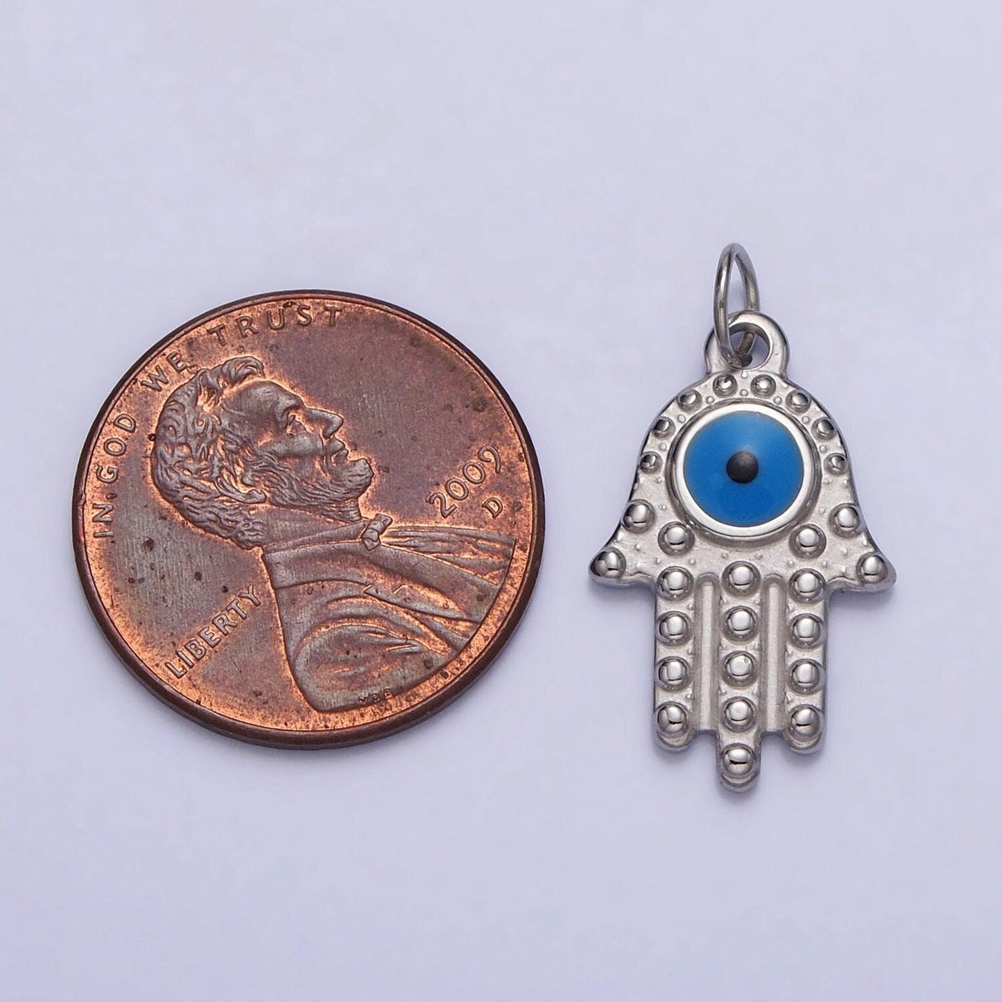 Stainless steel blue evil eye enamel hamsa hand charm in gold & silver | ab1104 p-1230