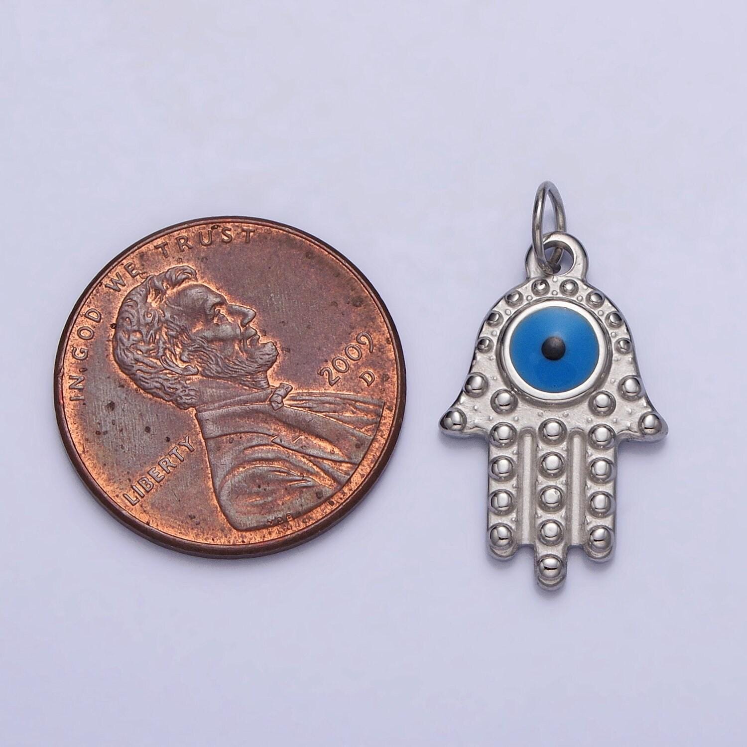 Stainless steel blue evil eye enamel hamsa hand charm in gold & silver | ab1104 p-1230