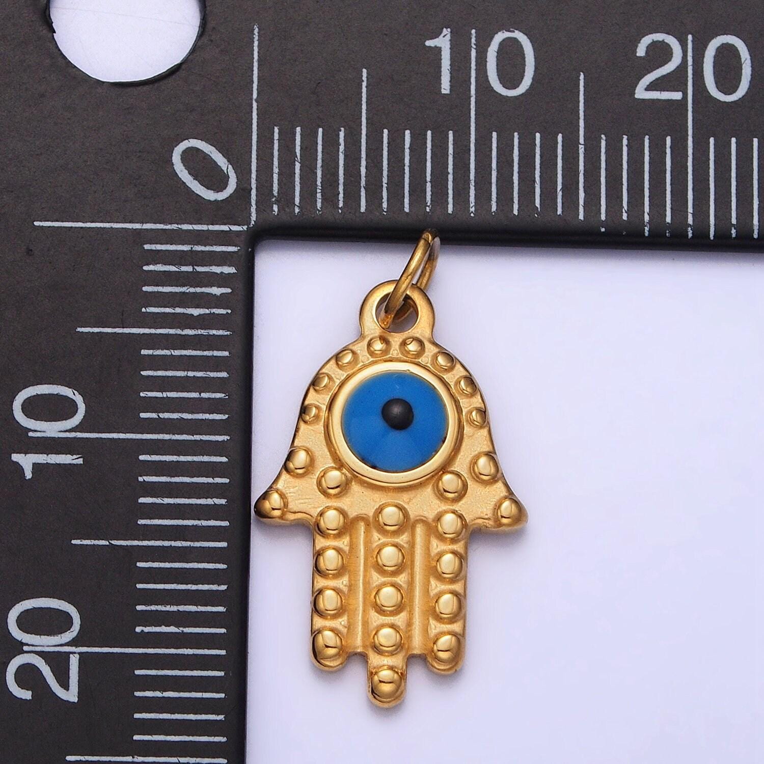 Stainless steel blue evil eye enamel hamsa hand charm in gold & silver | ab1104 p-1230