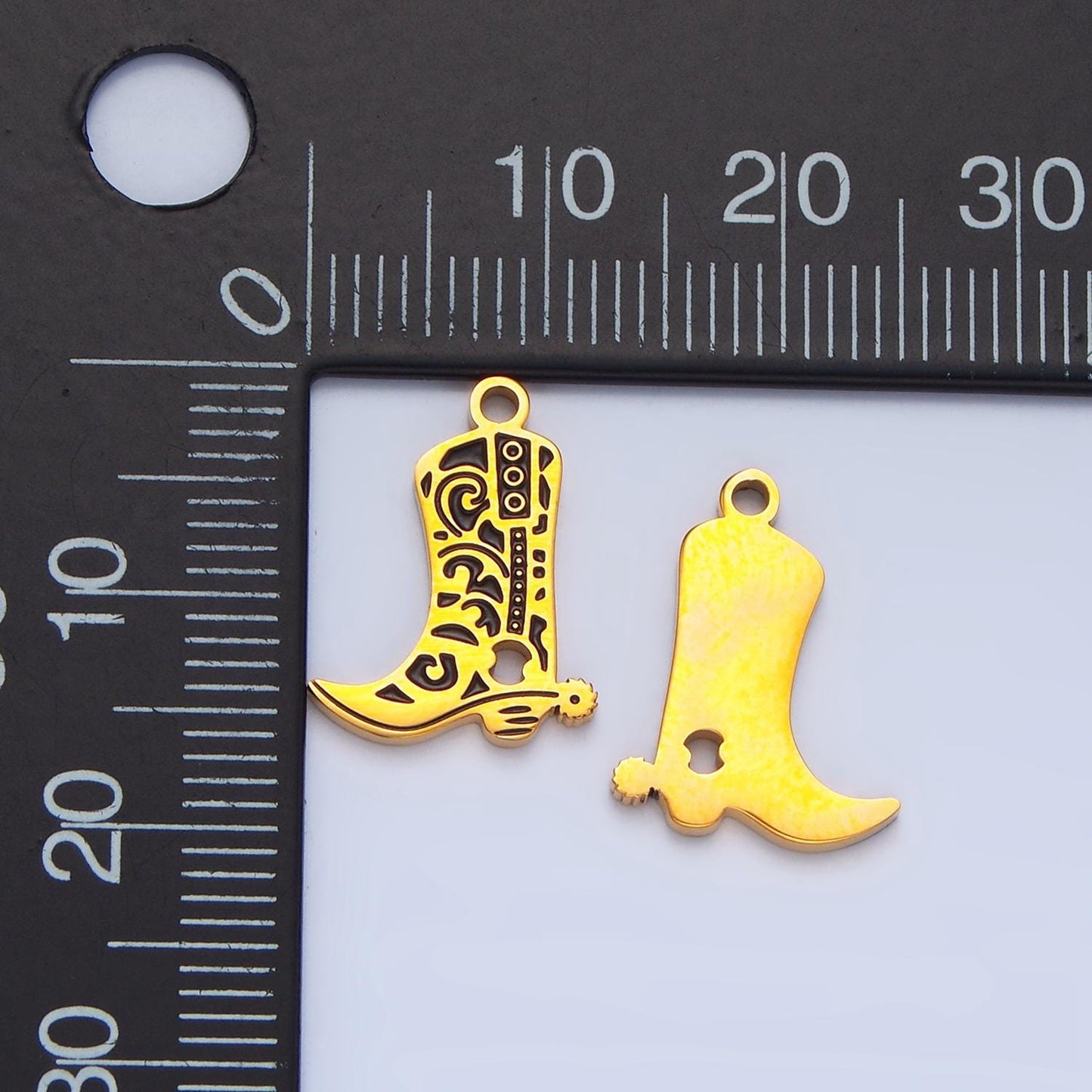 Stainless steel artisan engraved cowboy boots shoes charm in gold wild west jewelry inspired | p1227