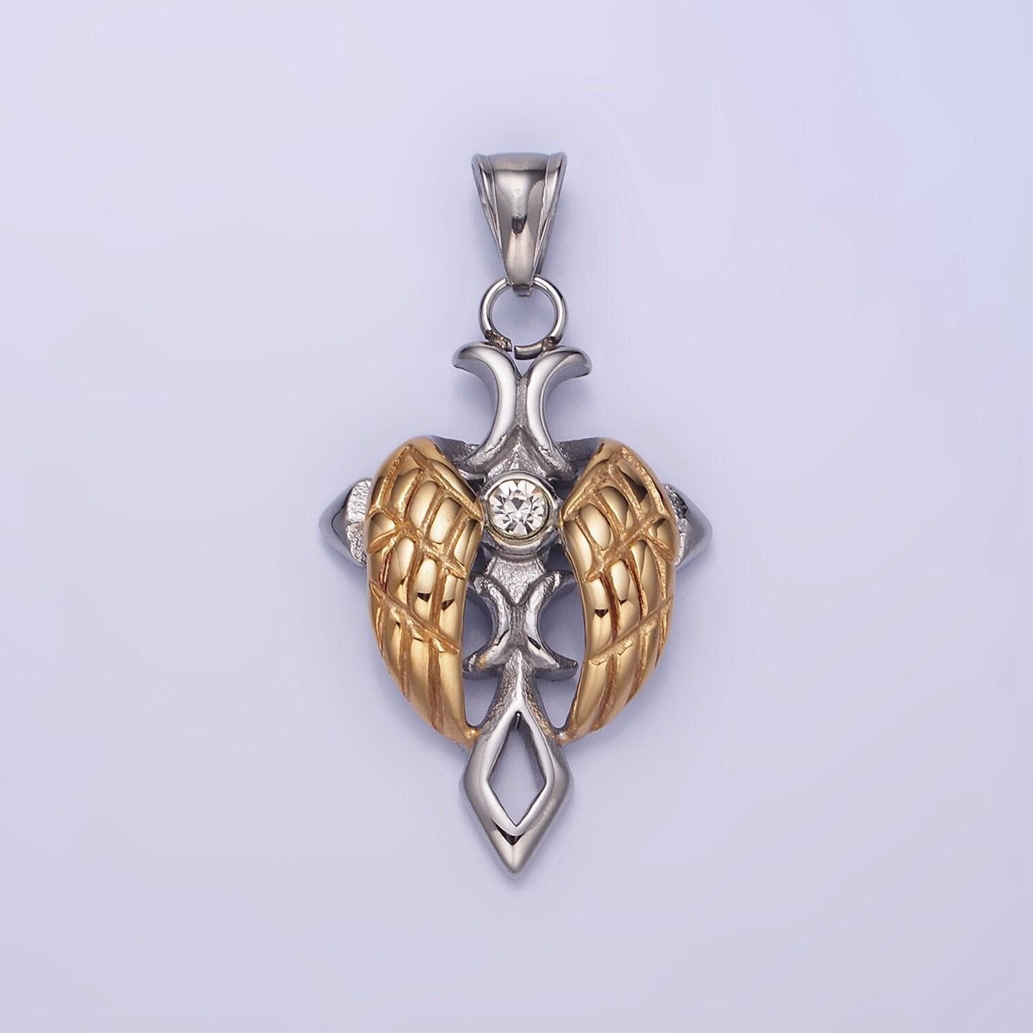 Dainty mixed metal gold winged cross necklace pendant masculine stainless steel angel wing pendant necklace supply men jewelry p1202