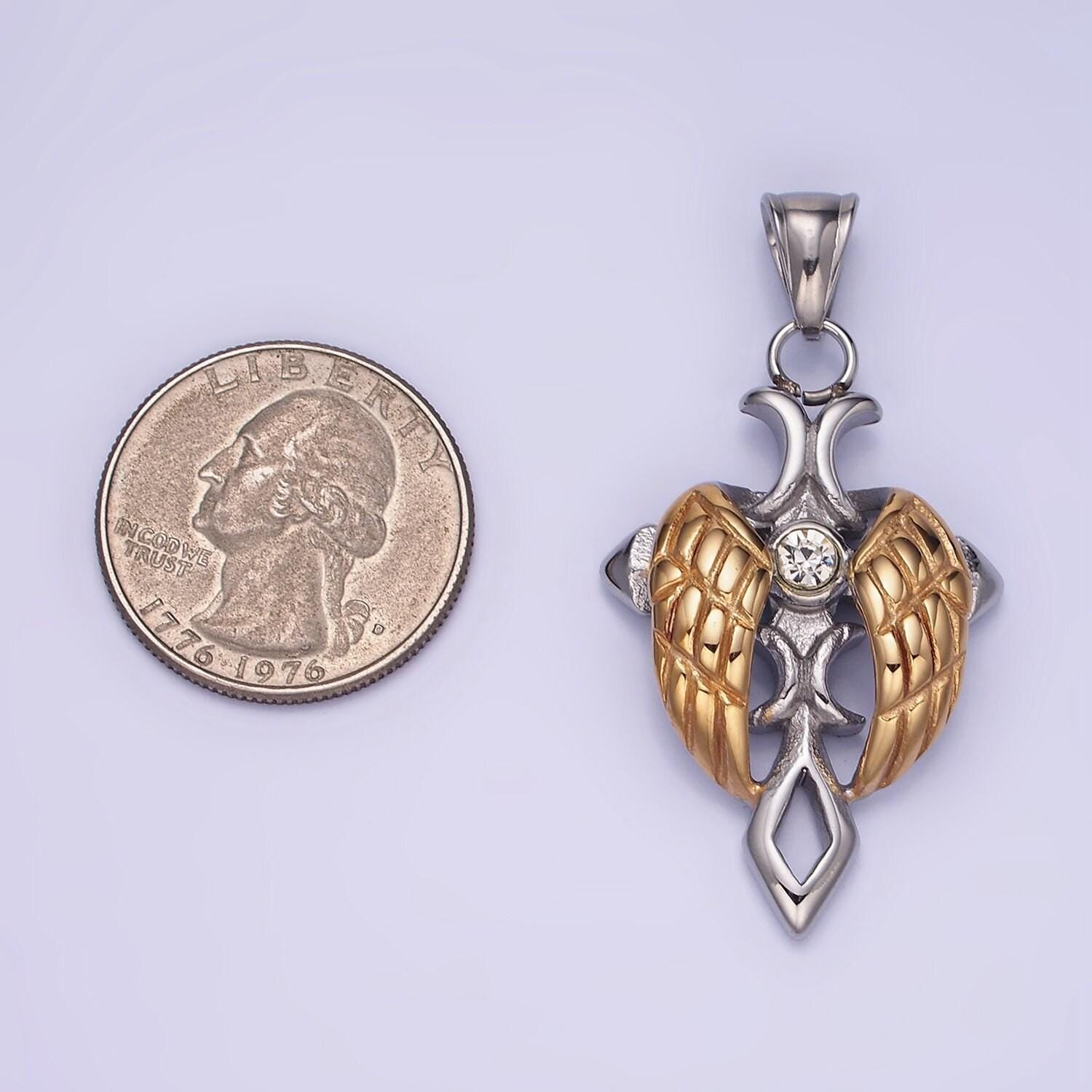 Dainty mixed metal gold winged cross necklace pendant masculine stainless steel angel wing pendant necklace supply men jewelry p1202