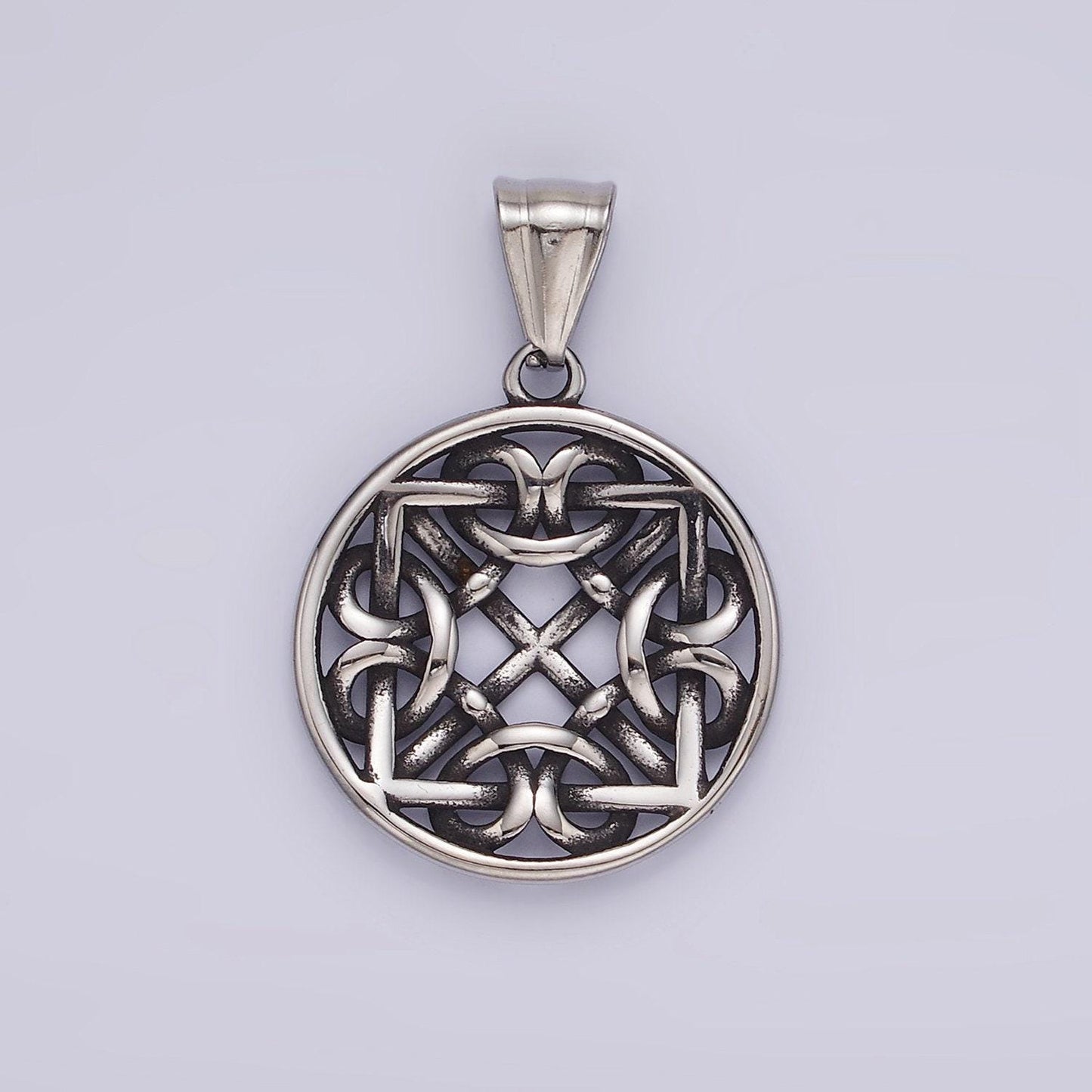 Stainless steel 35mm artisan geometric filigree frame open bezel pendant | p-1191