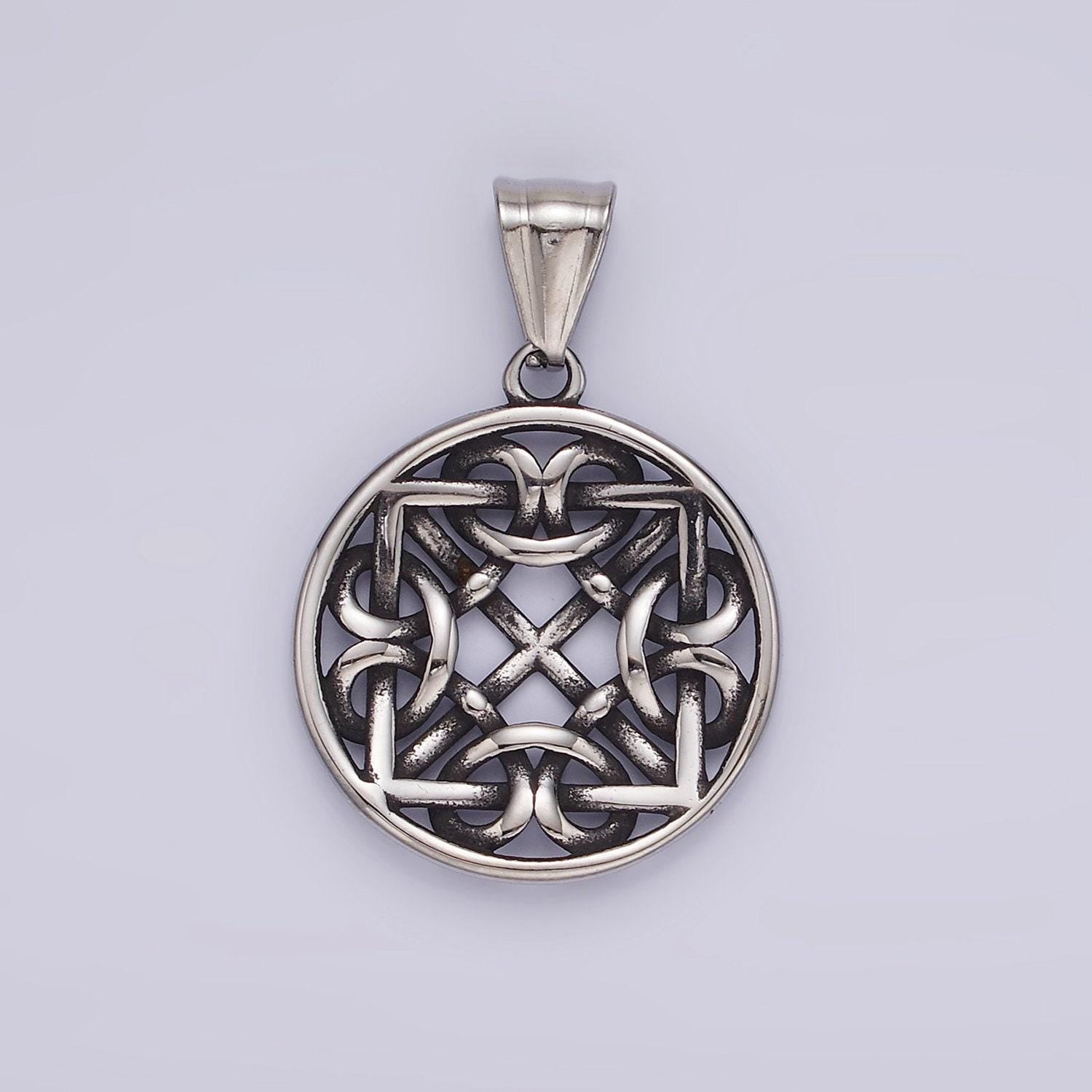 Stainless steel 35mm artisan geometric filigree frame open bezel pendant | p-1191