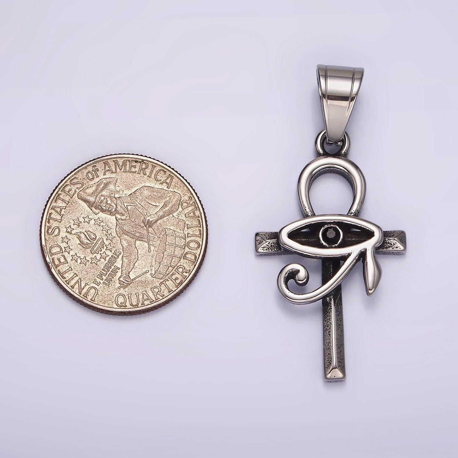 Silver ancient egyptian ankh cross with minimalist simple eye of ra pendant for necklace component | p-1178
