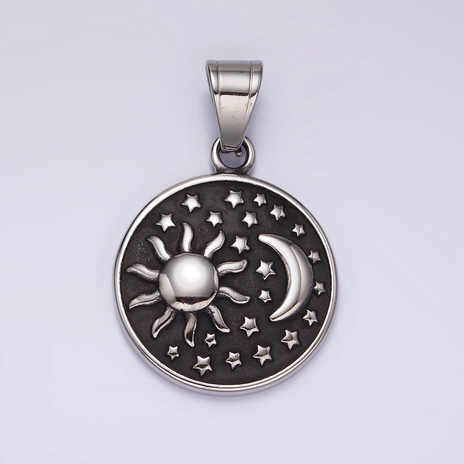 Stainless steel flat pendant with sun, moon and stars pendant celestial jewelry inspired | p-1175