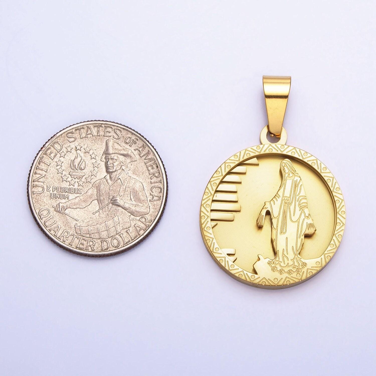 Stainless steel religious mother virgin mary medallion pendant in gold miraculous lady pendant | p-1166
