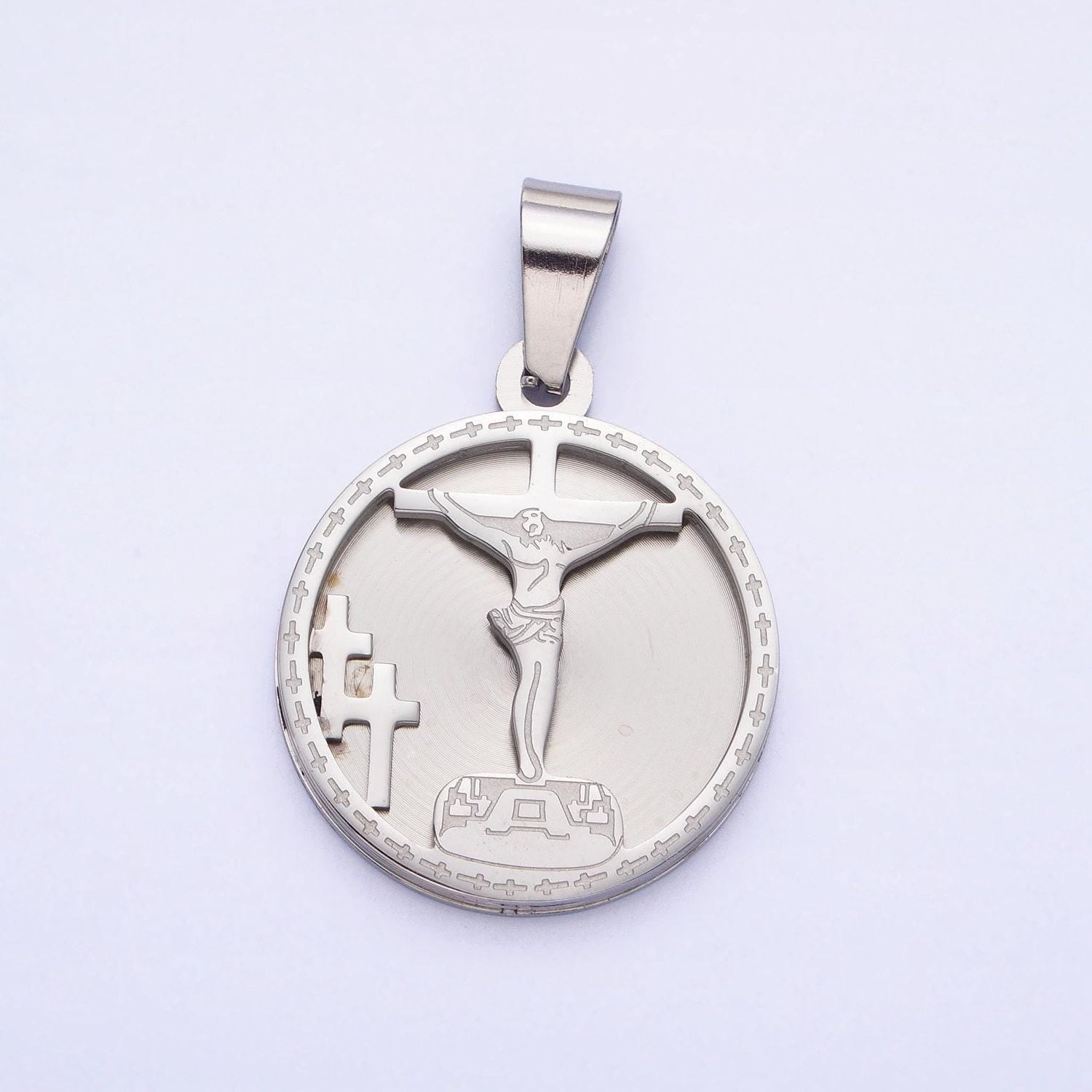 Medallion charm stainless steel crucifix cross pendant in gold silver for statement religious jewelry making | p-1165