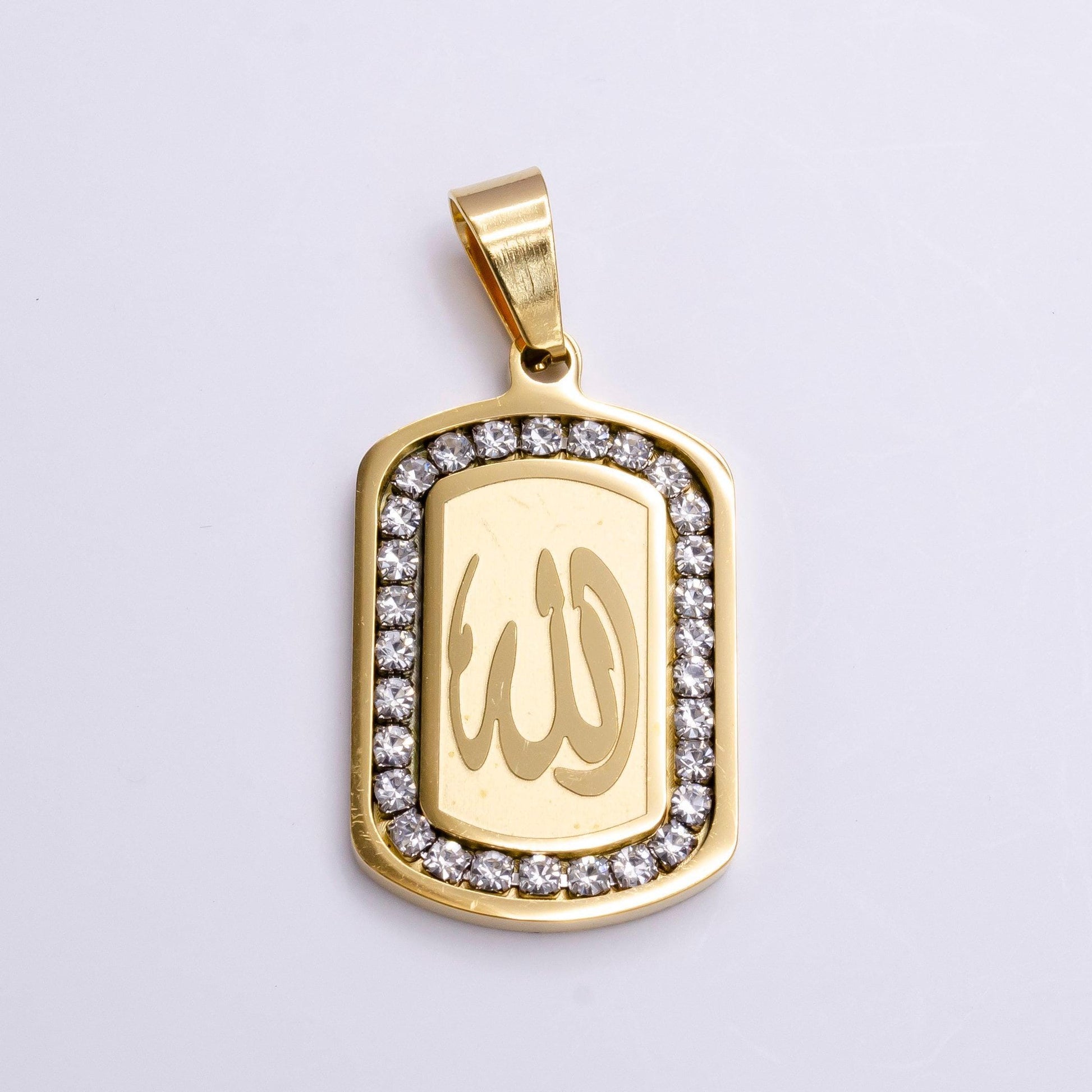 Stainless steel "allah" "god" muslim arabic calligraphy cz lined tag pendant | p-1164