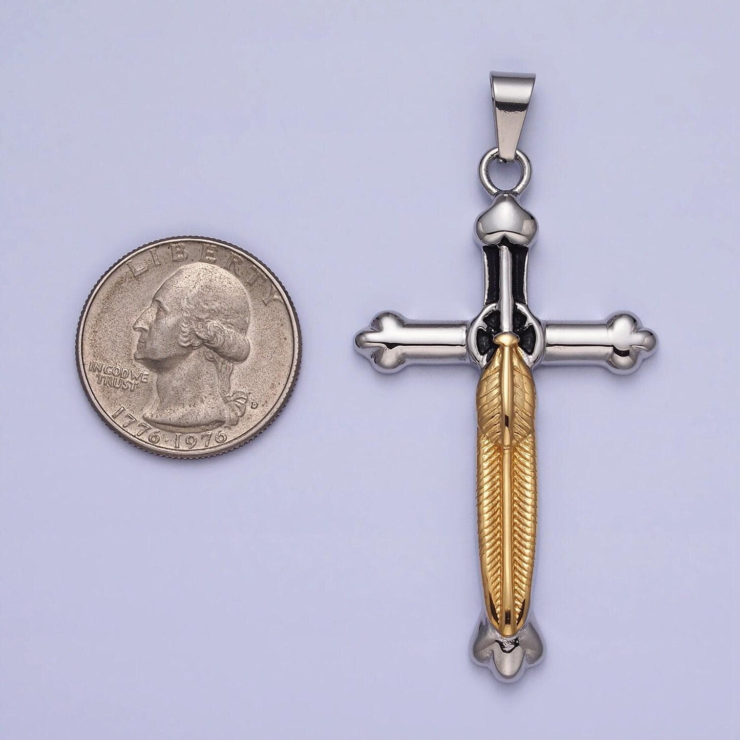 Stainless steel sword charm men cross pendant in gold & silver statement christian catholic jewelry | p-1150