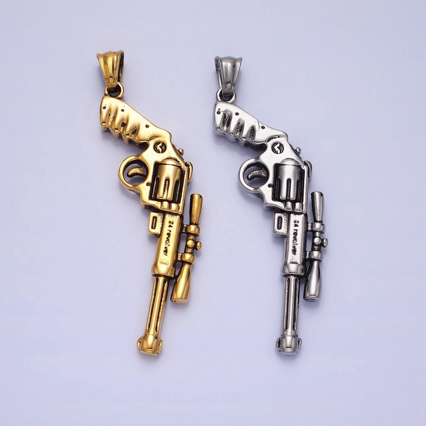 Stainless steel pistol rifle gun pendant in silver & gold | p-1147