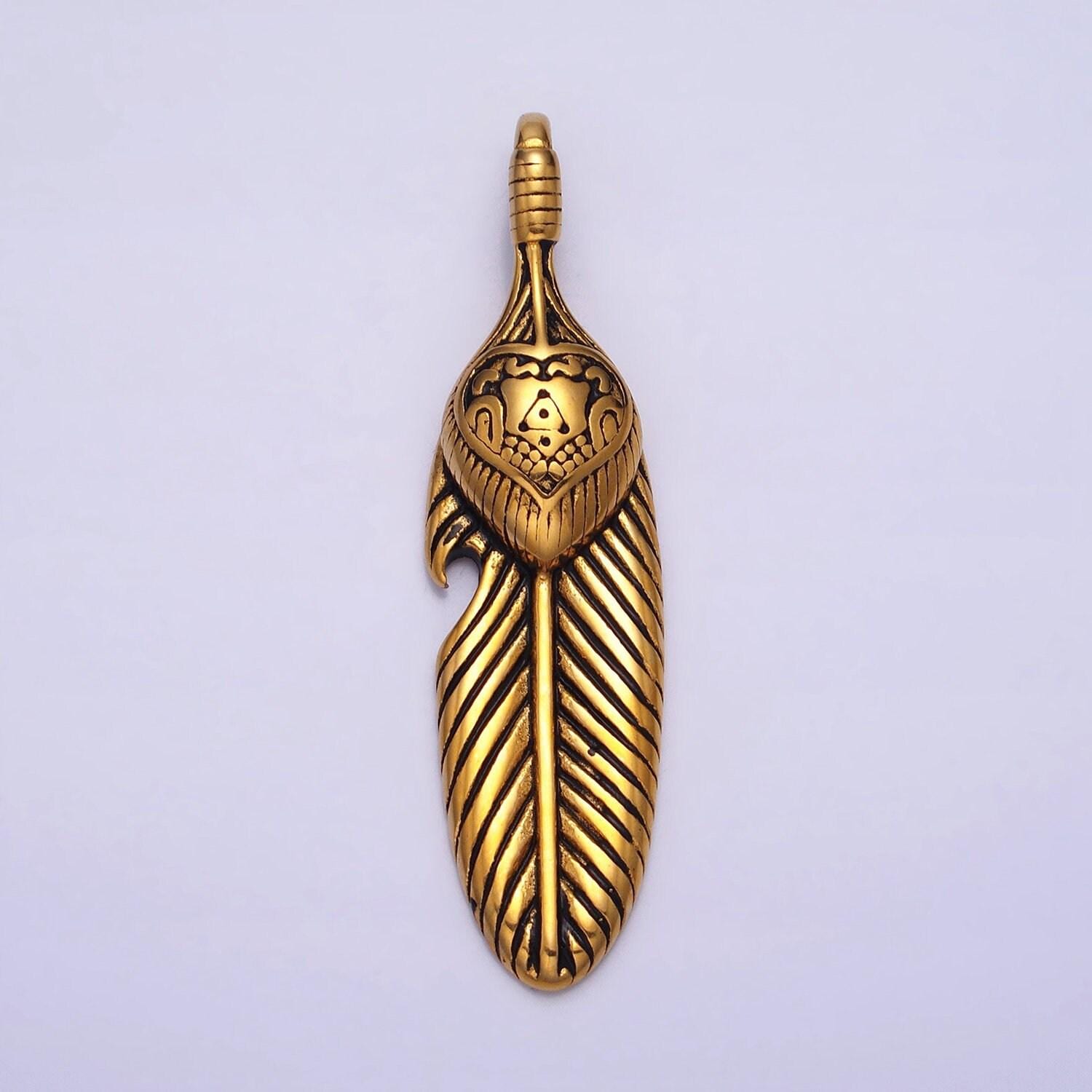 Men indian feather charm stainless steel tribe charm in antique silver gold heavy hard pendant lead nickel free tarnish free | p-1139