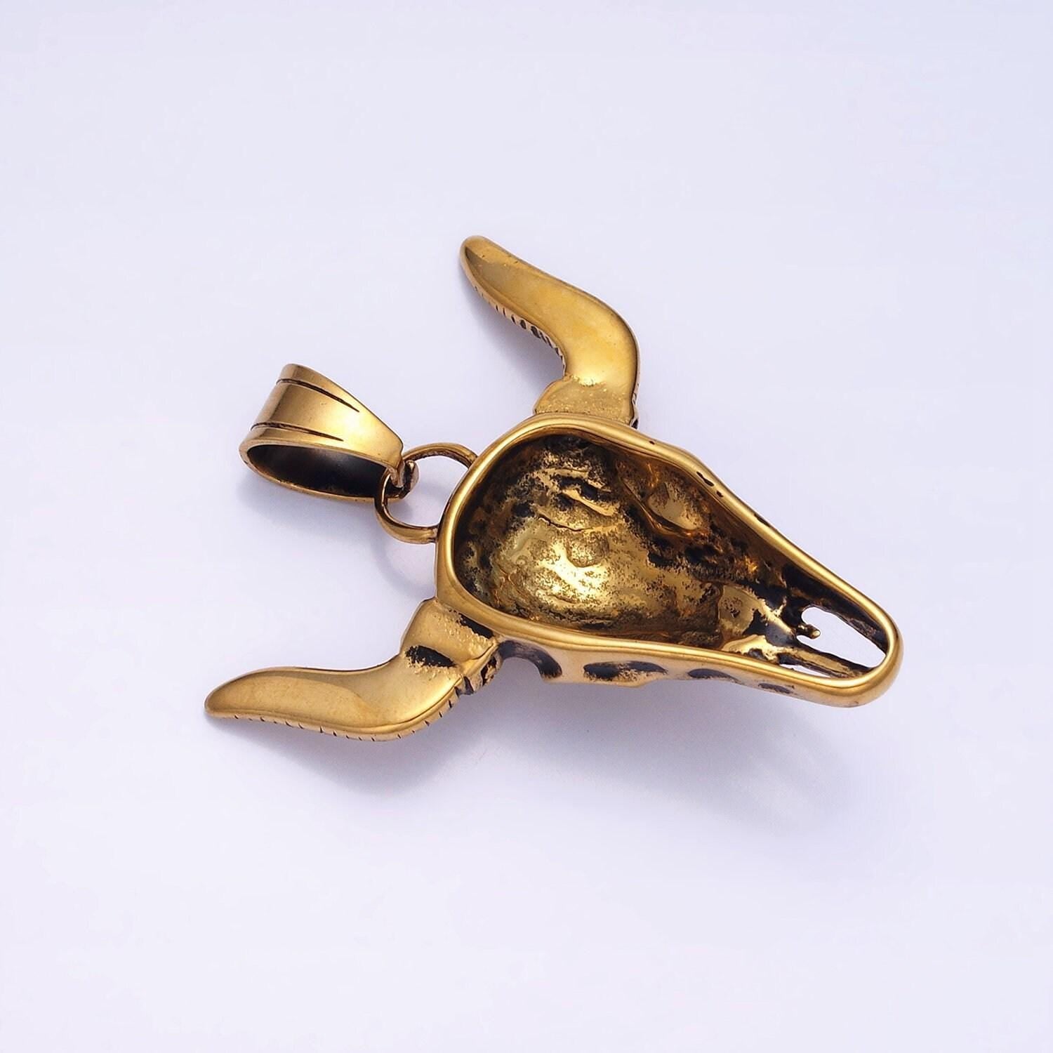 Antique gold stainless steel engraved bull ox cow head with horn pendant devil satanic men jewelry | p-1135