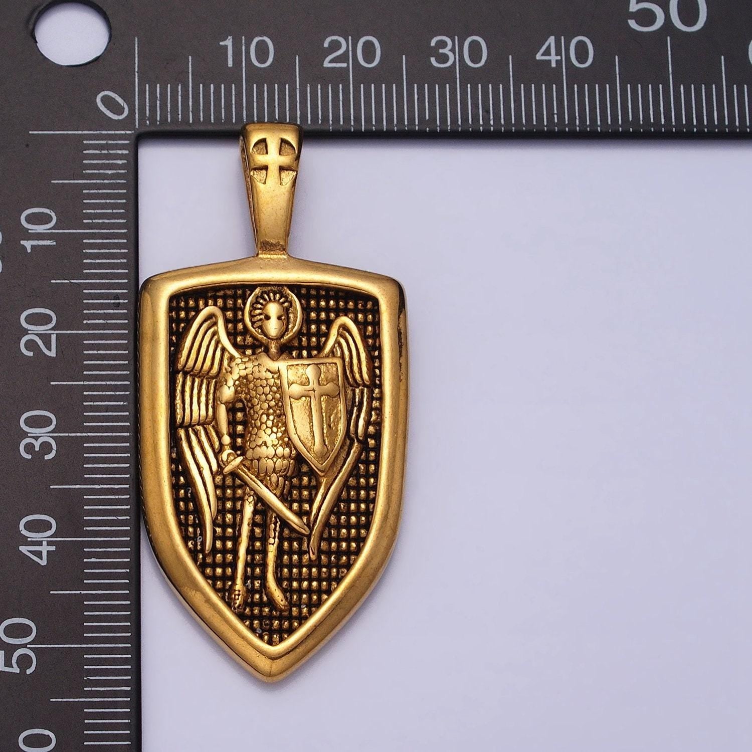 Stainless steel archangel saint michael mens necklace pendant christian archangel medallion, st michael shield charm for necklace p-1136