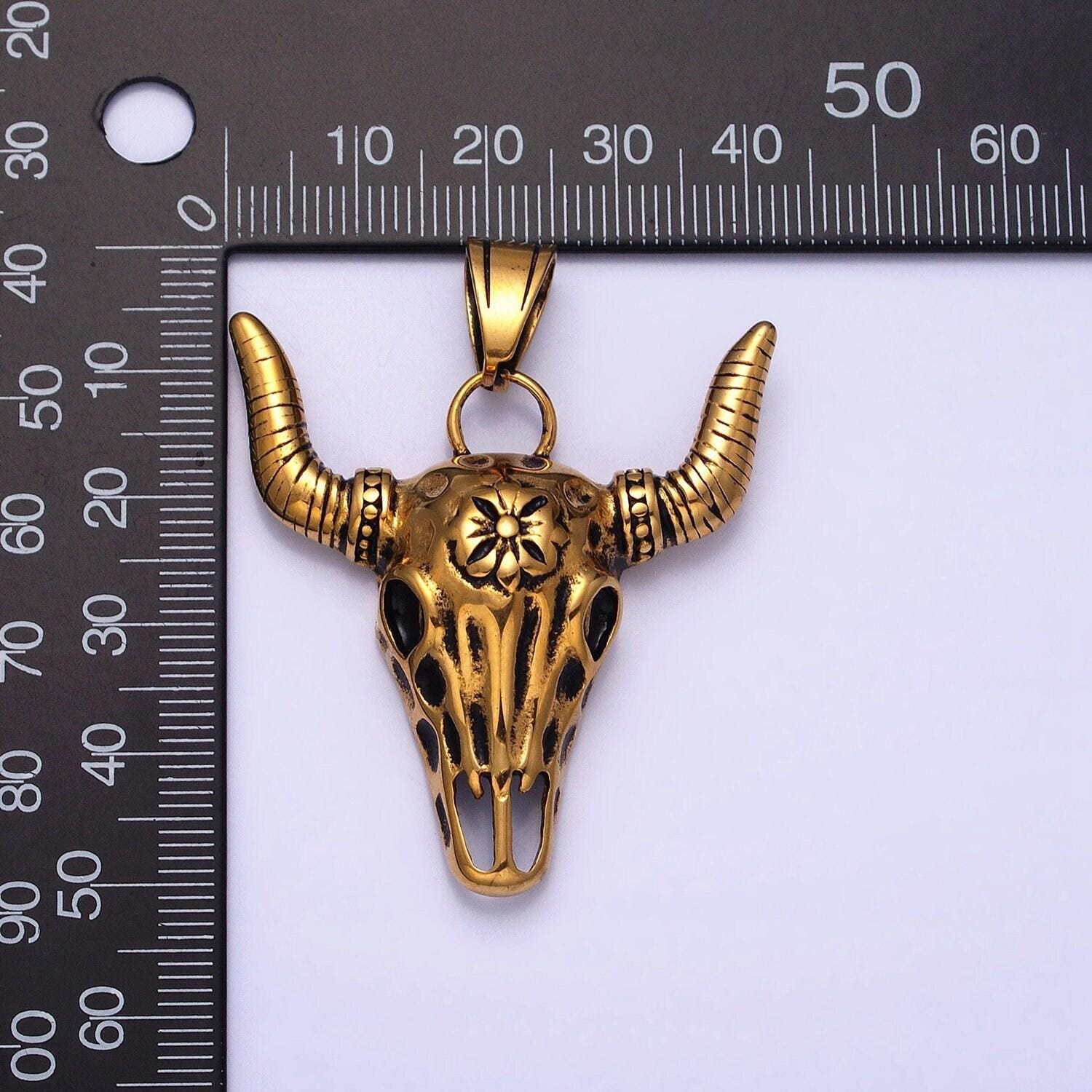 Antique gold stainless steel engraved bull ox cow head with horn pendant devil satanic men jewelry | p-1135