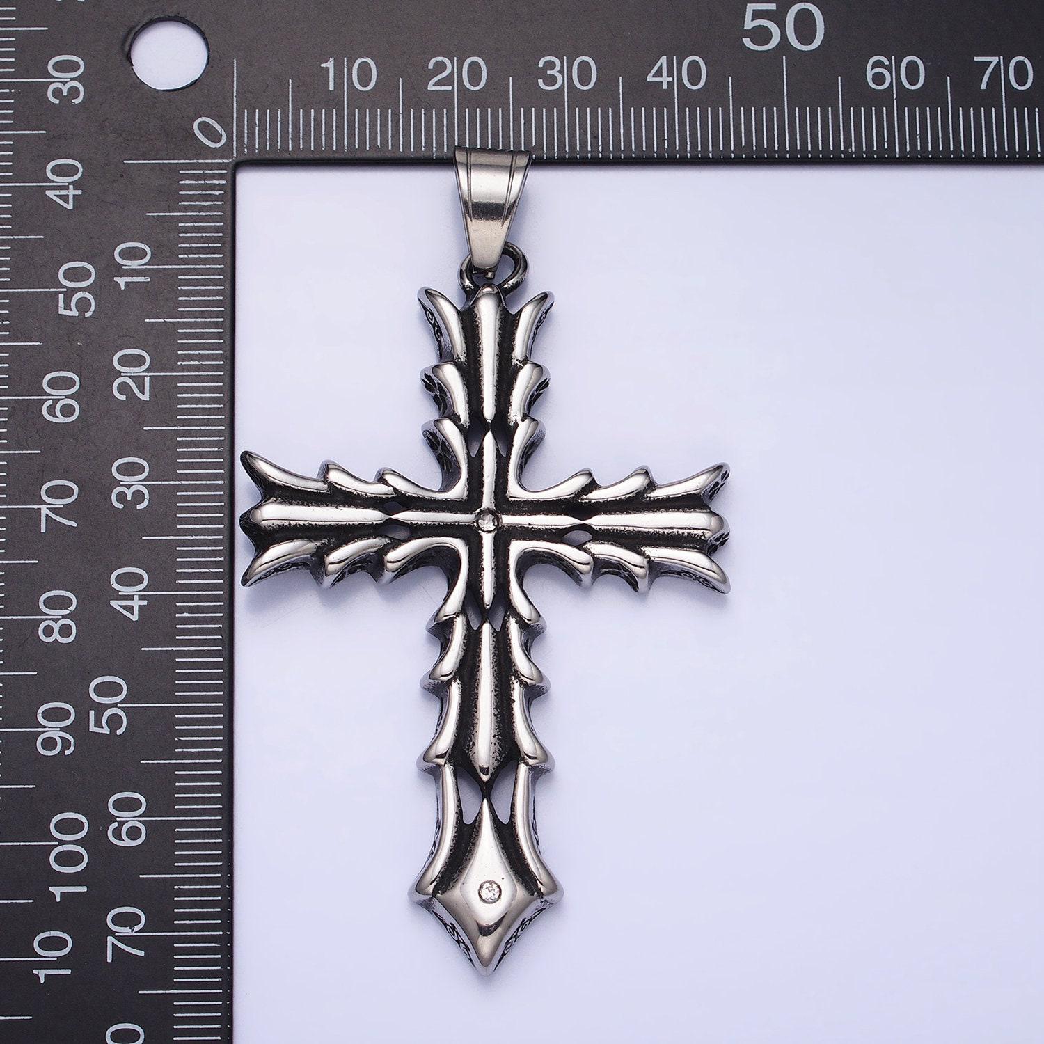 Men fire cross charm stainless steel dangle charm in silver color religious heavy hard pendant lead nickel free tarnish free | p-1131