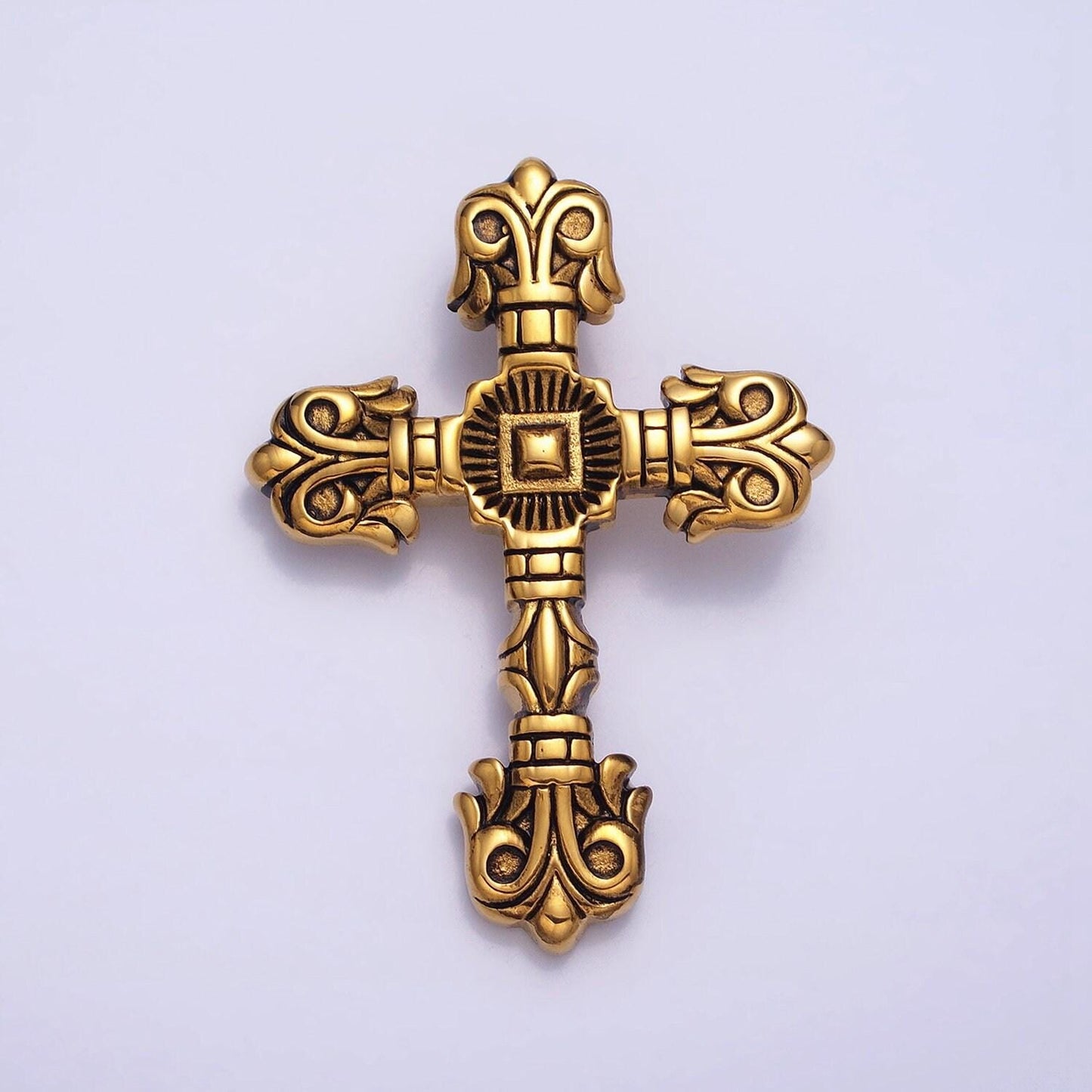 Stainless steel geometric engraved religious cross pendant in silver & gold | p-1130
