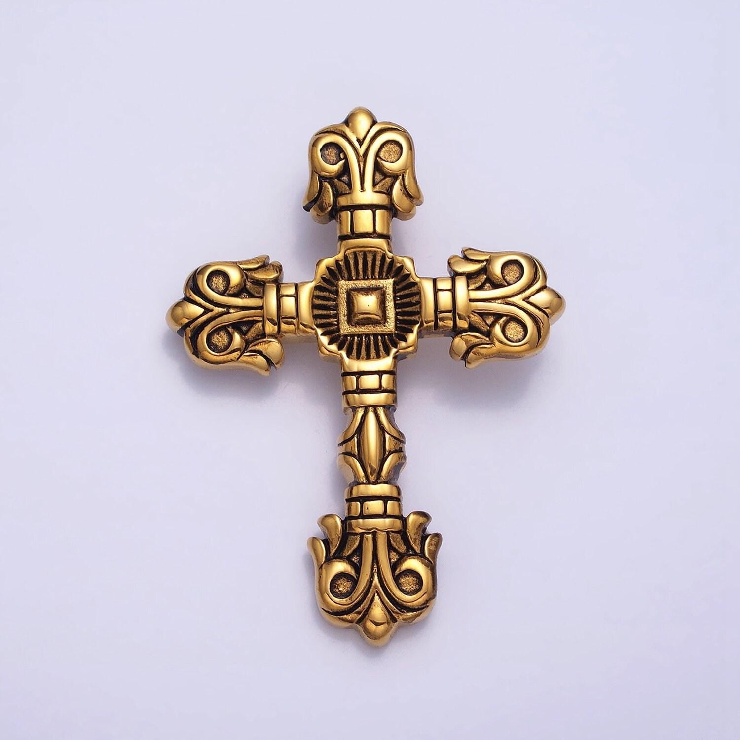 Stainless steel geometric engraved religious cross pendant in silver & gold | p-1130