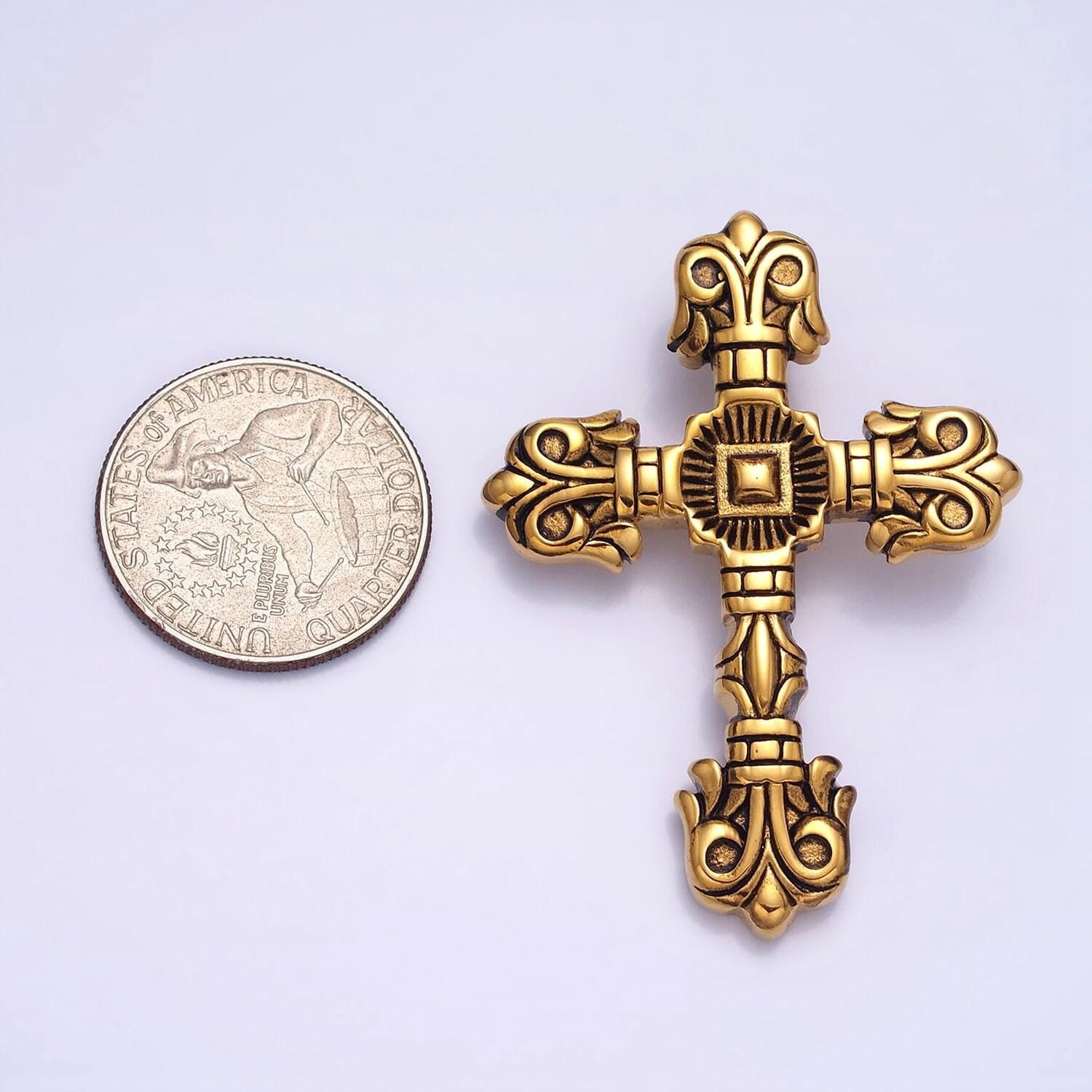Stainless steel geometric engraved religious cross pendant in silver & gold | p-1130