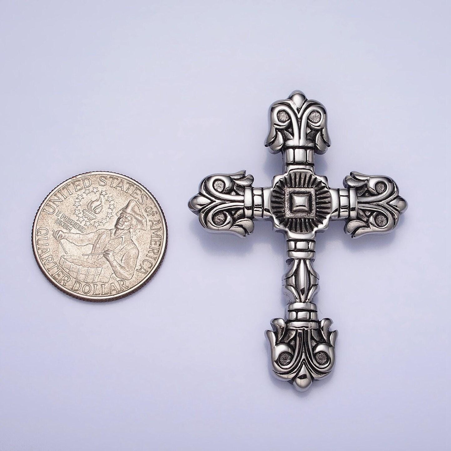 Stainless steel geometric engraved religious cross pendant in silver & gold | p-1130
