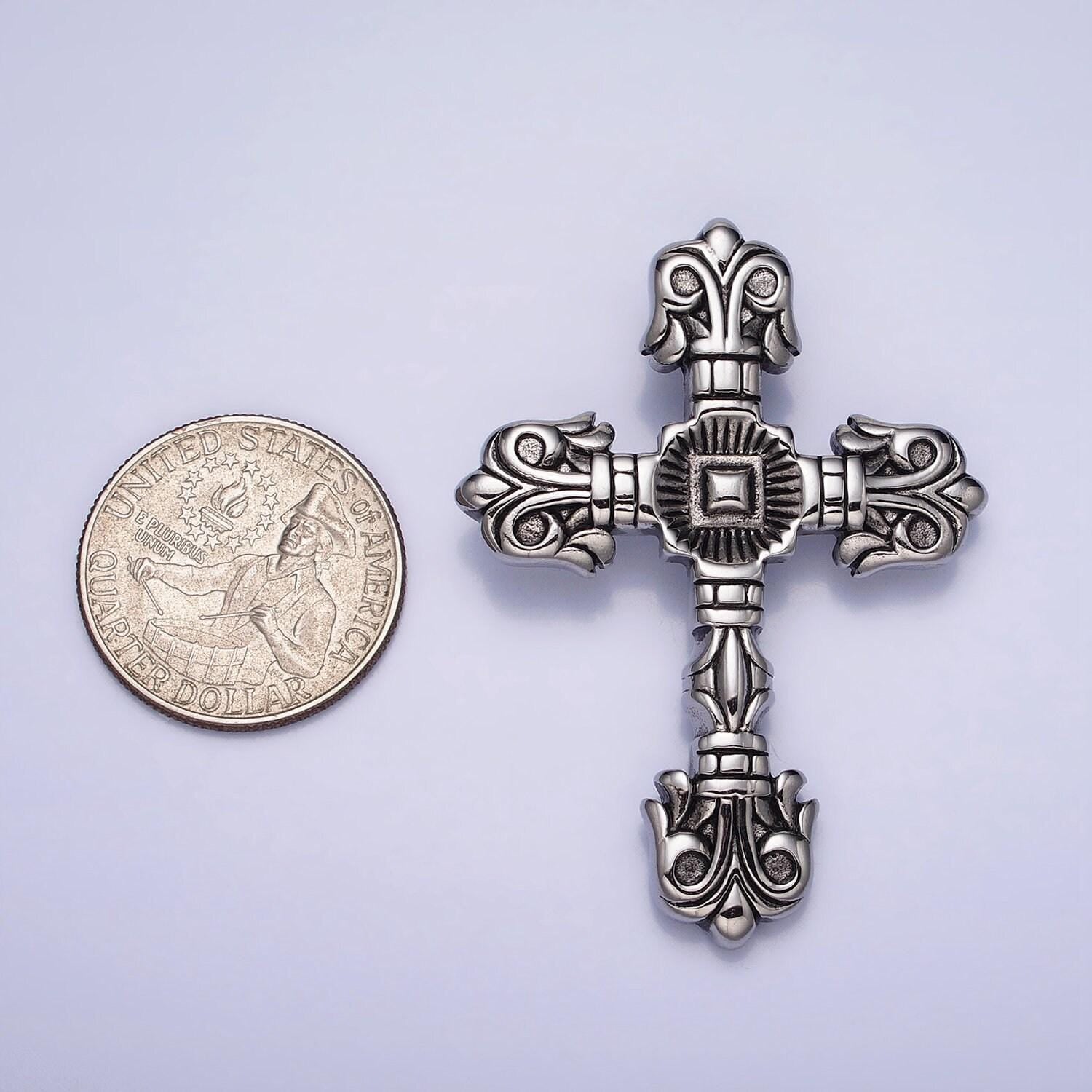 Stainless steel geometric engraved religious cross pendant in silver & gold | p-1130
