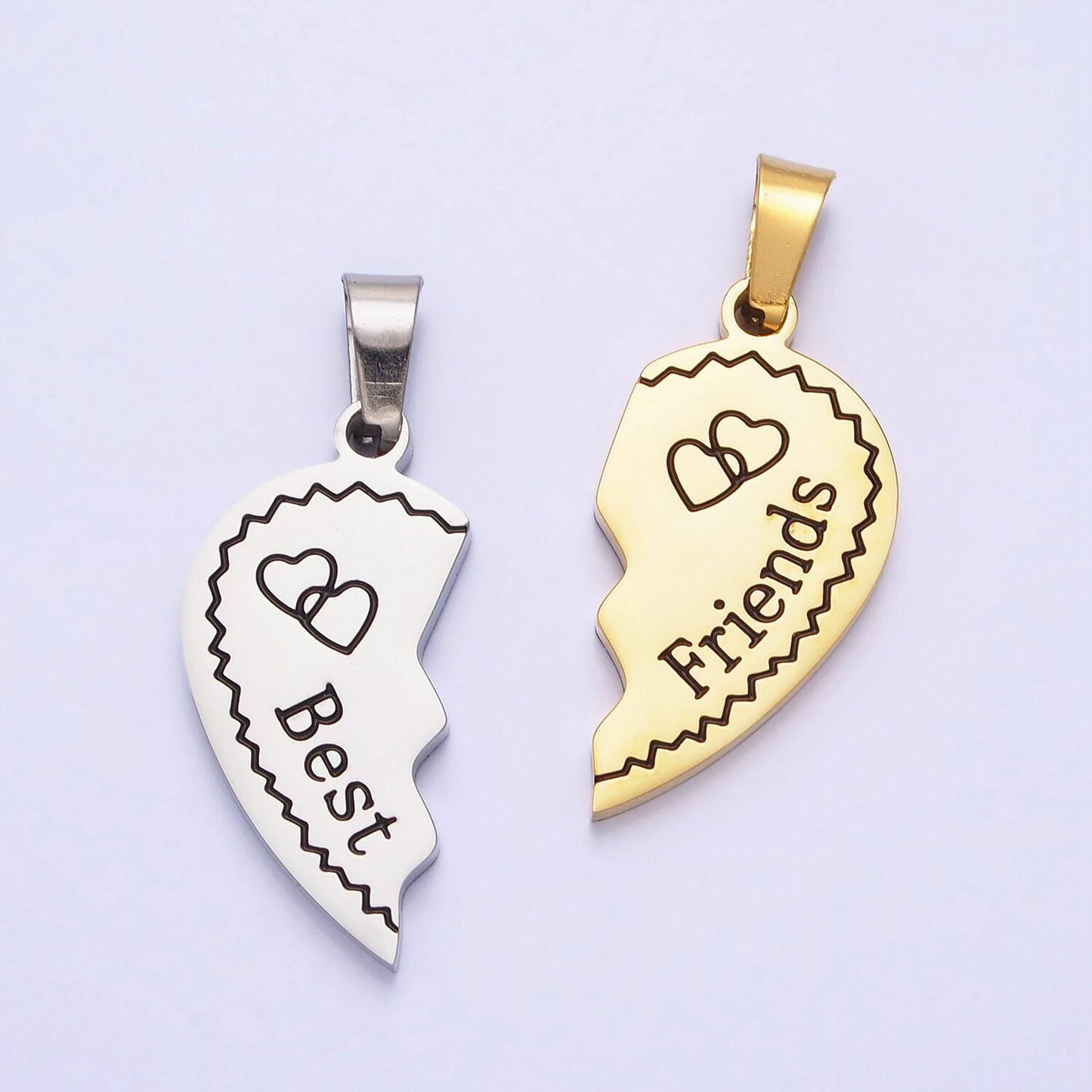 1 set stainless steel two half heart puzzle pieces pendant in silver & gold | p-1128