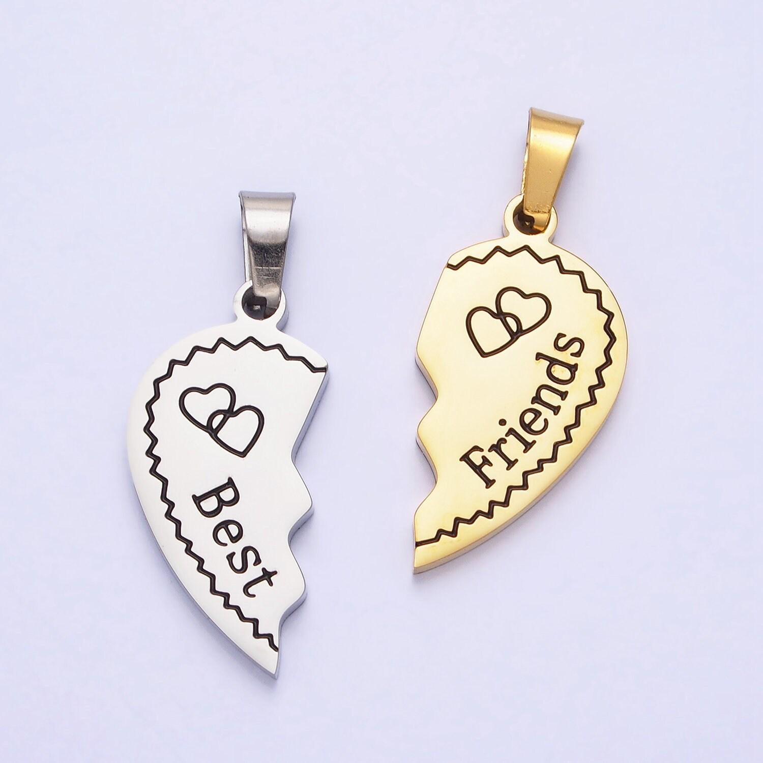 1 set stainless steel two half heart puzzle pieces pendant in silver & gold | p-1128