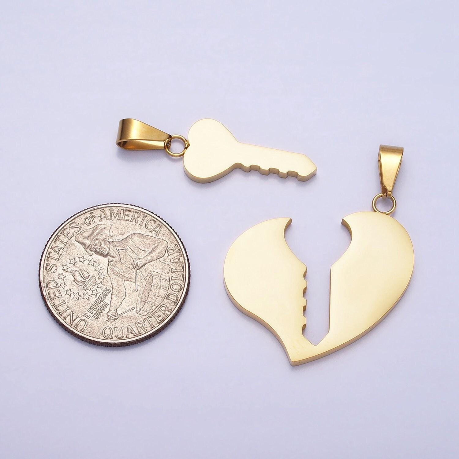 1 set stainless steel gold key pendant charm - key to my heart love necklace charm for couple handmade jewelry gift idea p-1124