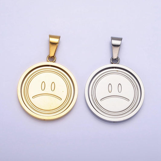 Emotion charm emoticon inspired stainless steel spinning double sided happy face & sad face pendant in gold silver | p-1121