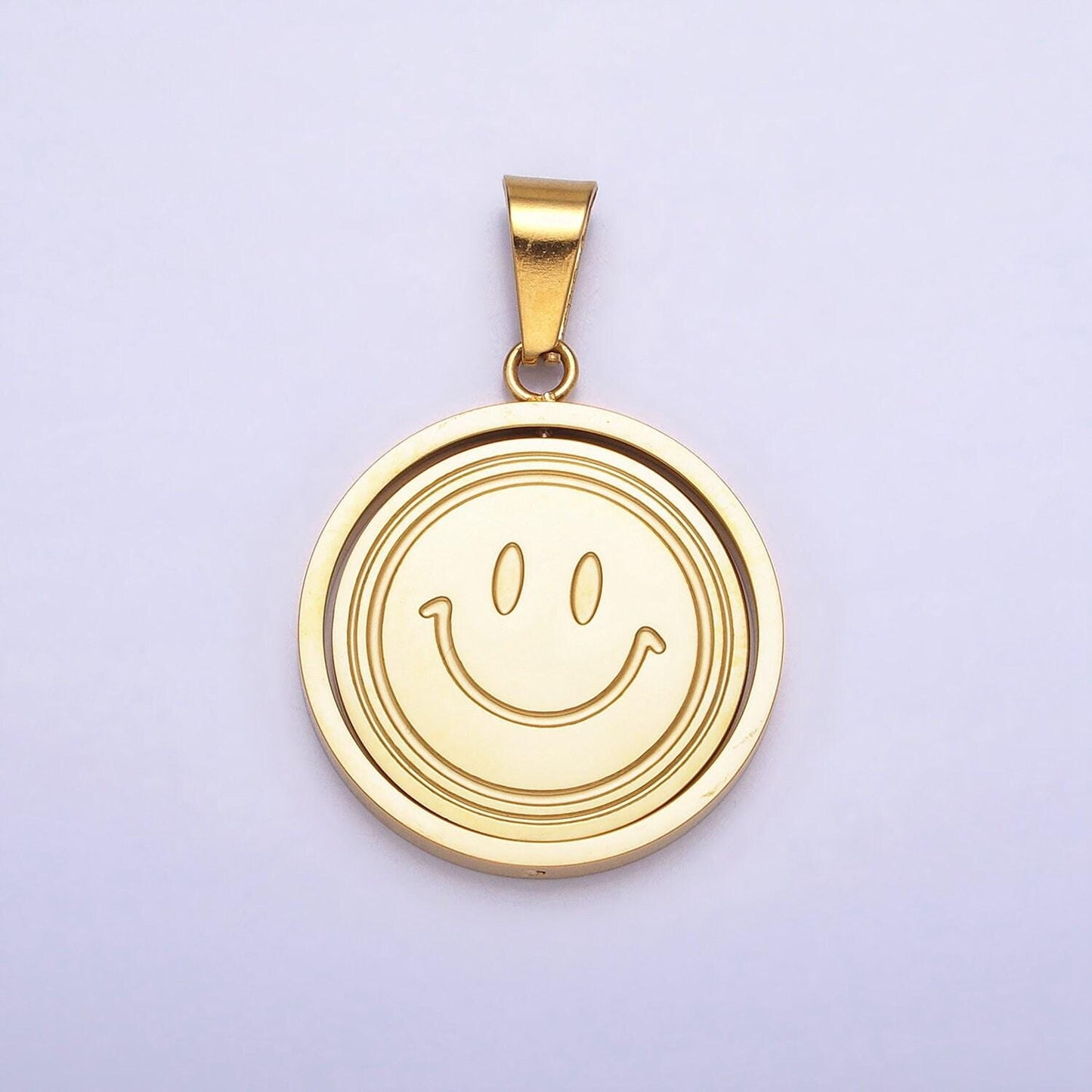 Emotion charm emoticon inspired stainless steel spinning double sided happy face & sad face pendant in gold silver | p-1121