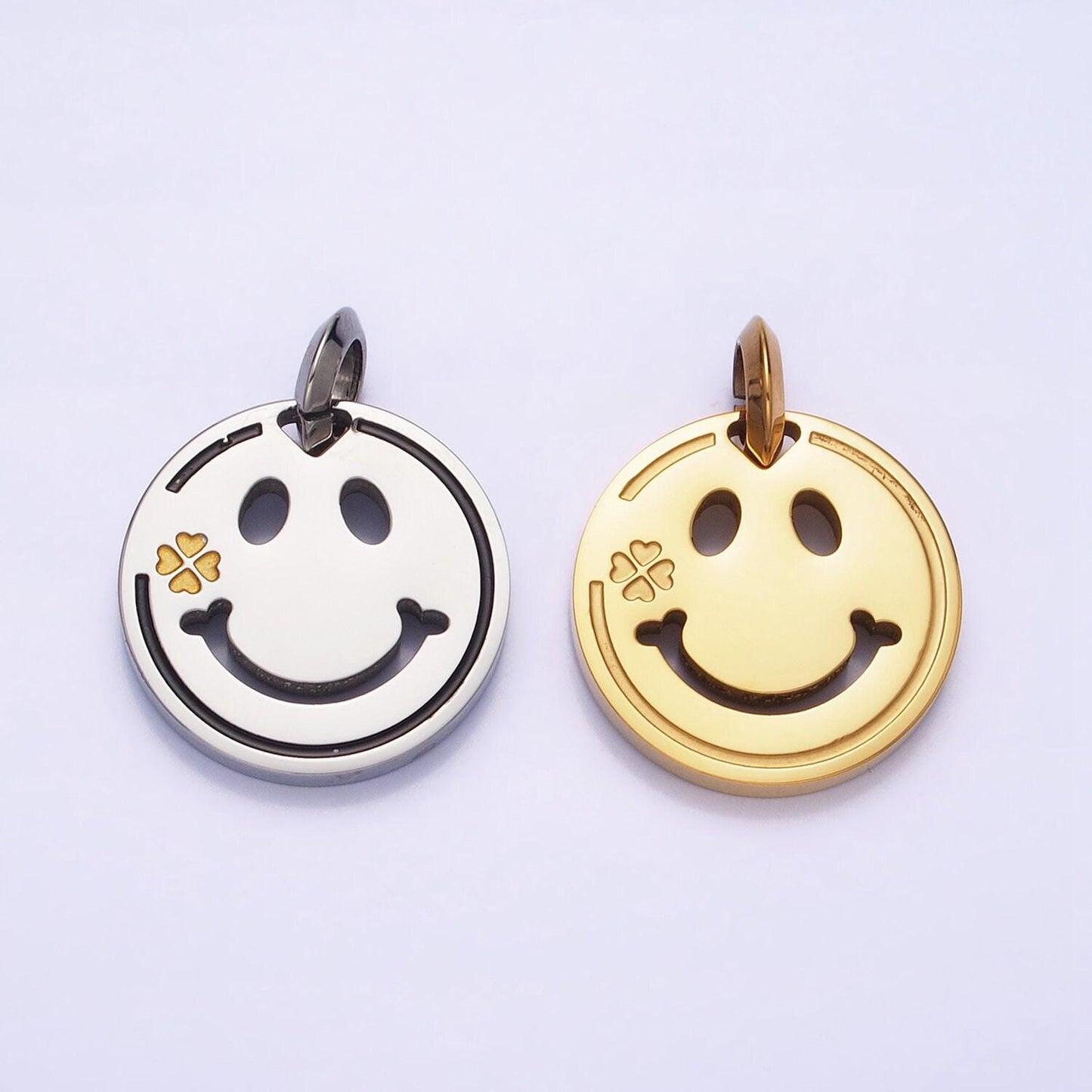 Stainless steel double sided emoji face clover charm in gold & silver boy girl face friendship necklace bracelet | p-1120