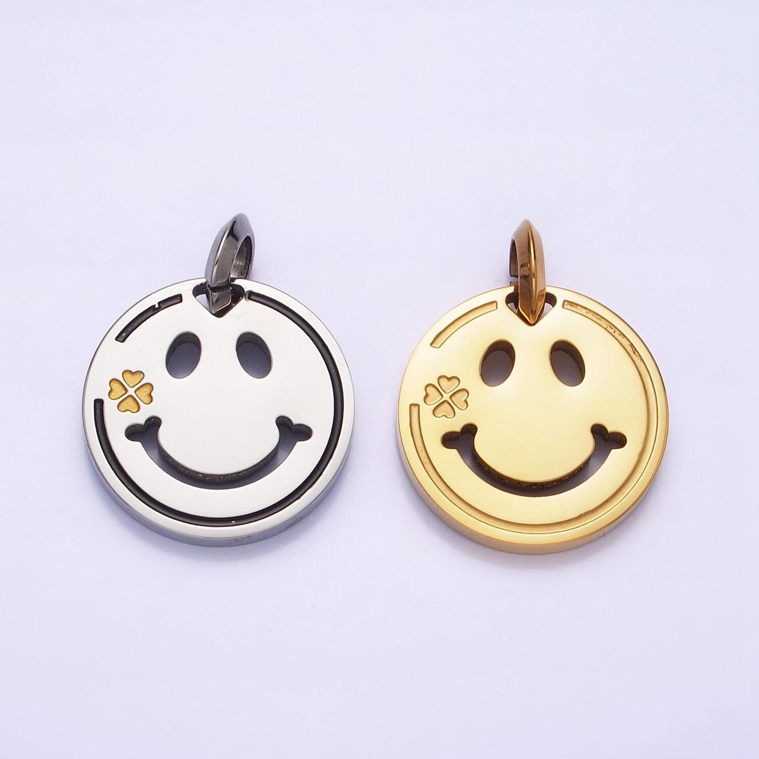Stainless steel double sided emoji face clover charm in gold & silver boy girl face friendship necklace bracelet | p-1120