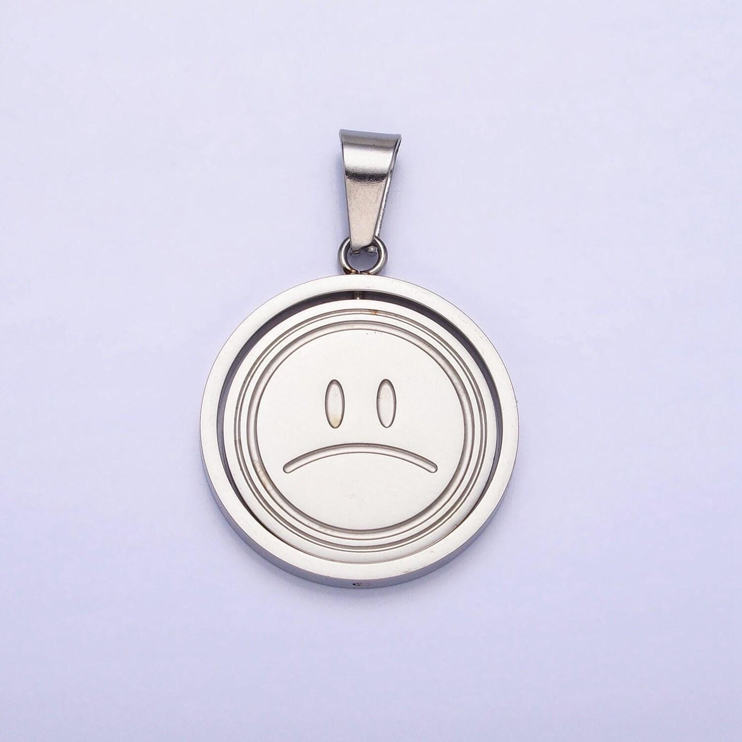 Emotion charm emoticon inspired stainless steel spinning double sided happy face & sad face pendant in gold silver | p-1121