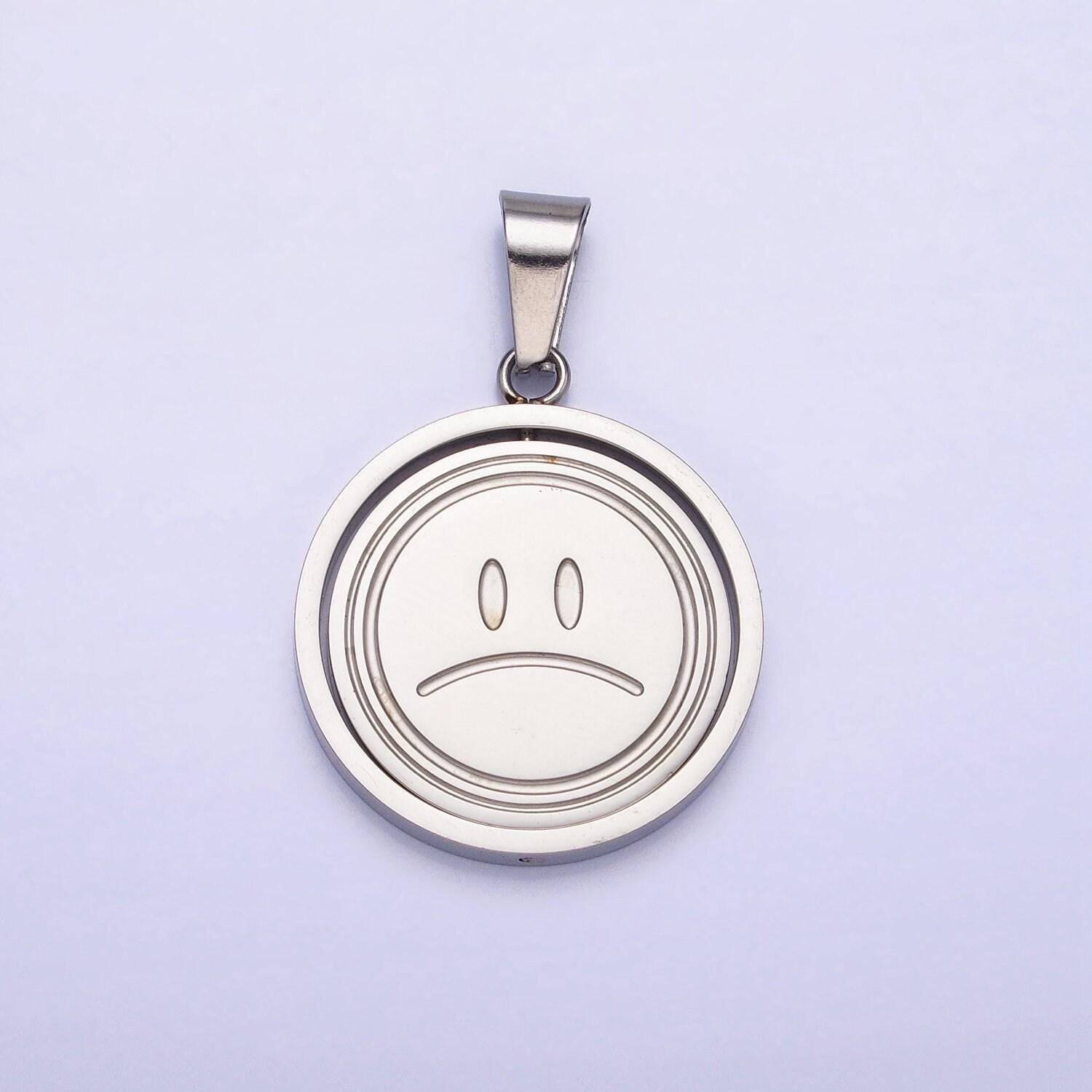 Emotion charm emoticon inspired stainless steel spinning double sided happy face & sad face pendant in gold silver | p-1121