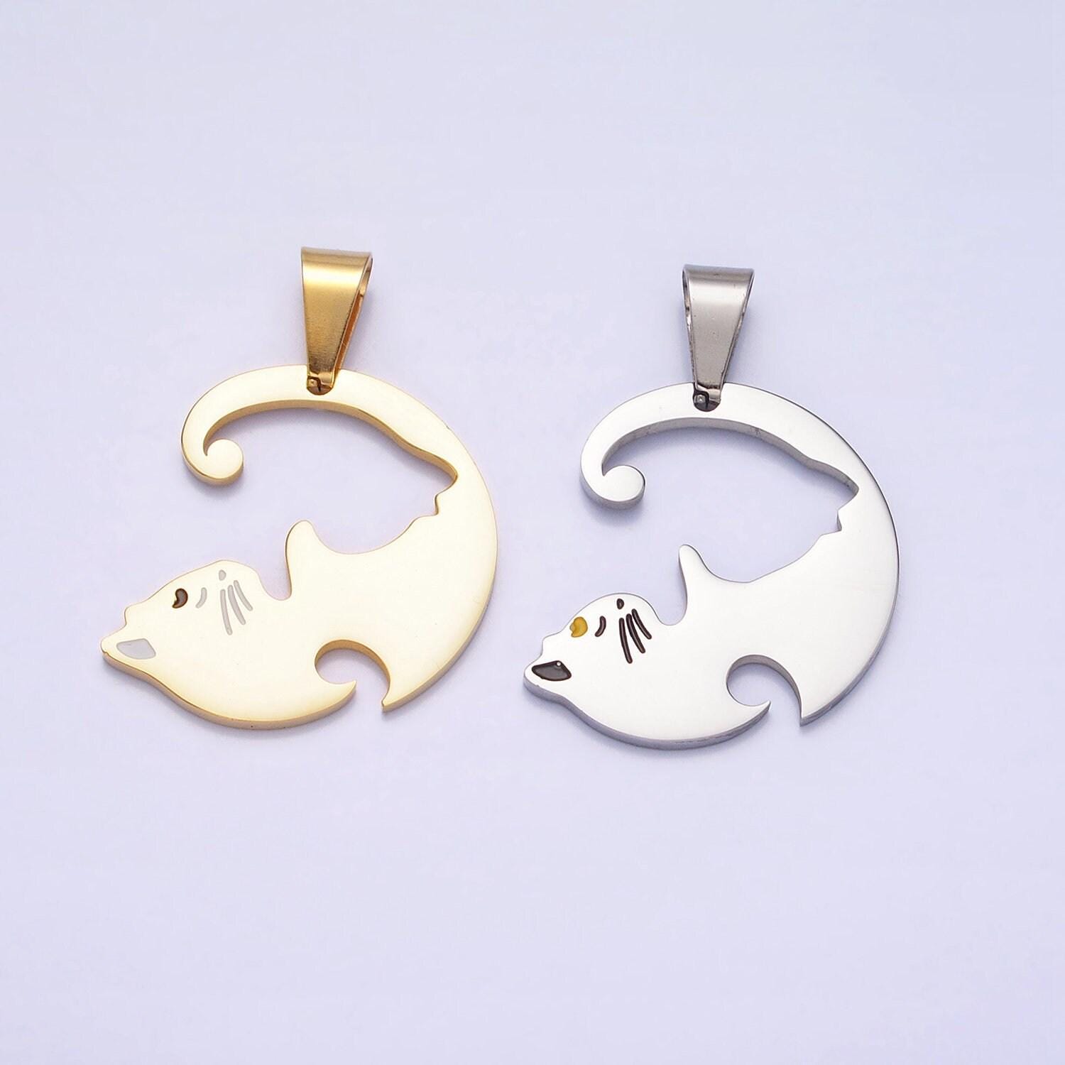 1 set stainless steel sleeping kitty cat couple's friendship pendant set in gold & silver kitten animal lover pet jewelry collar | p-1122