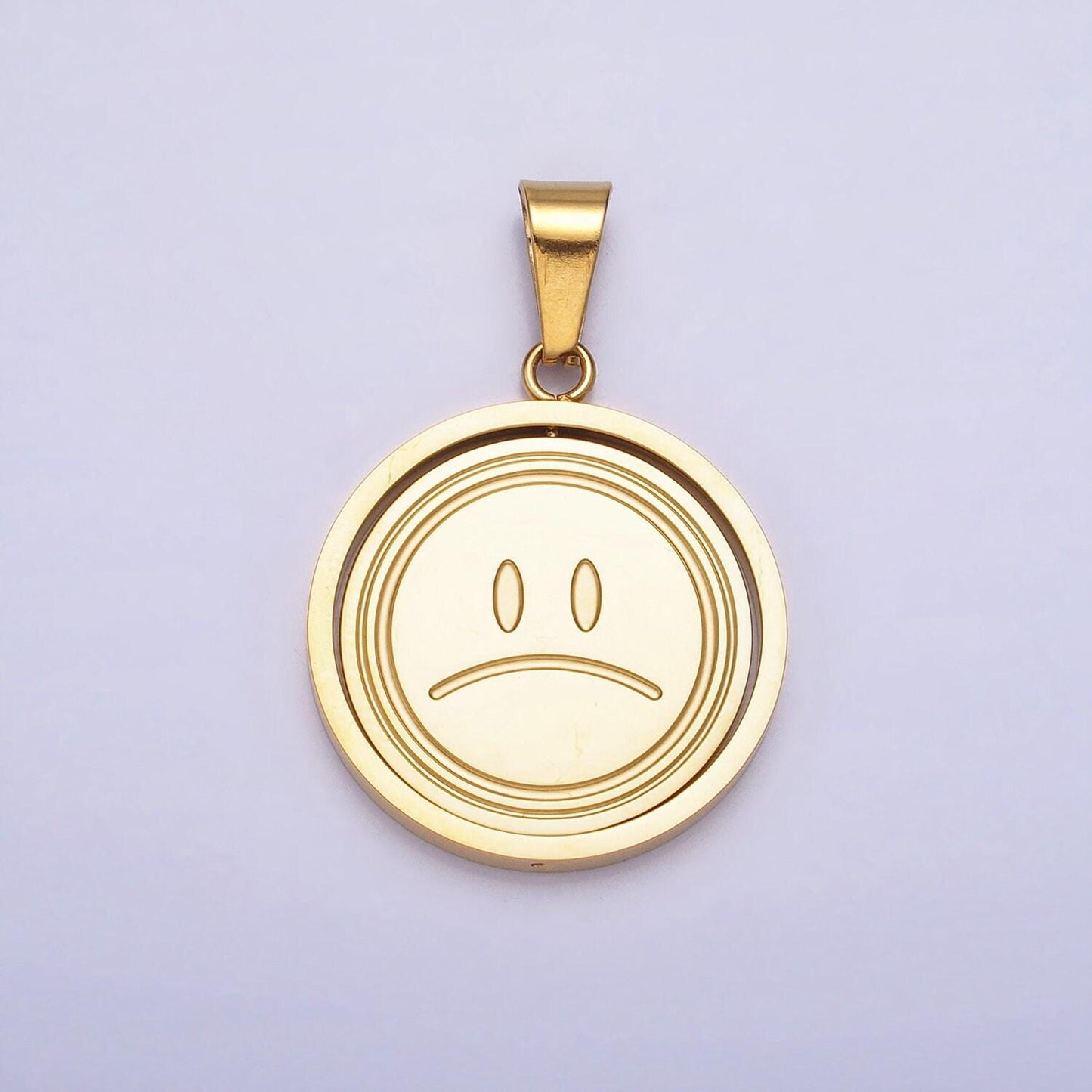 Emotion charm emoticon inspired stainless steel spinning double sided happy face & sad face pendant in gold silver | p-1121