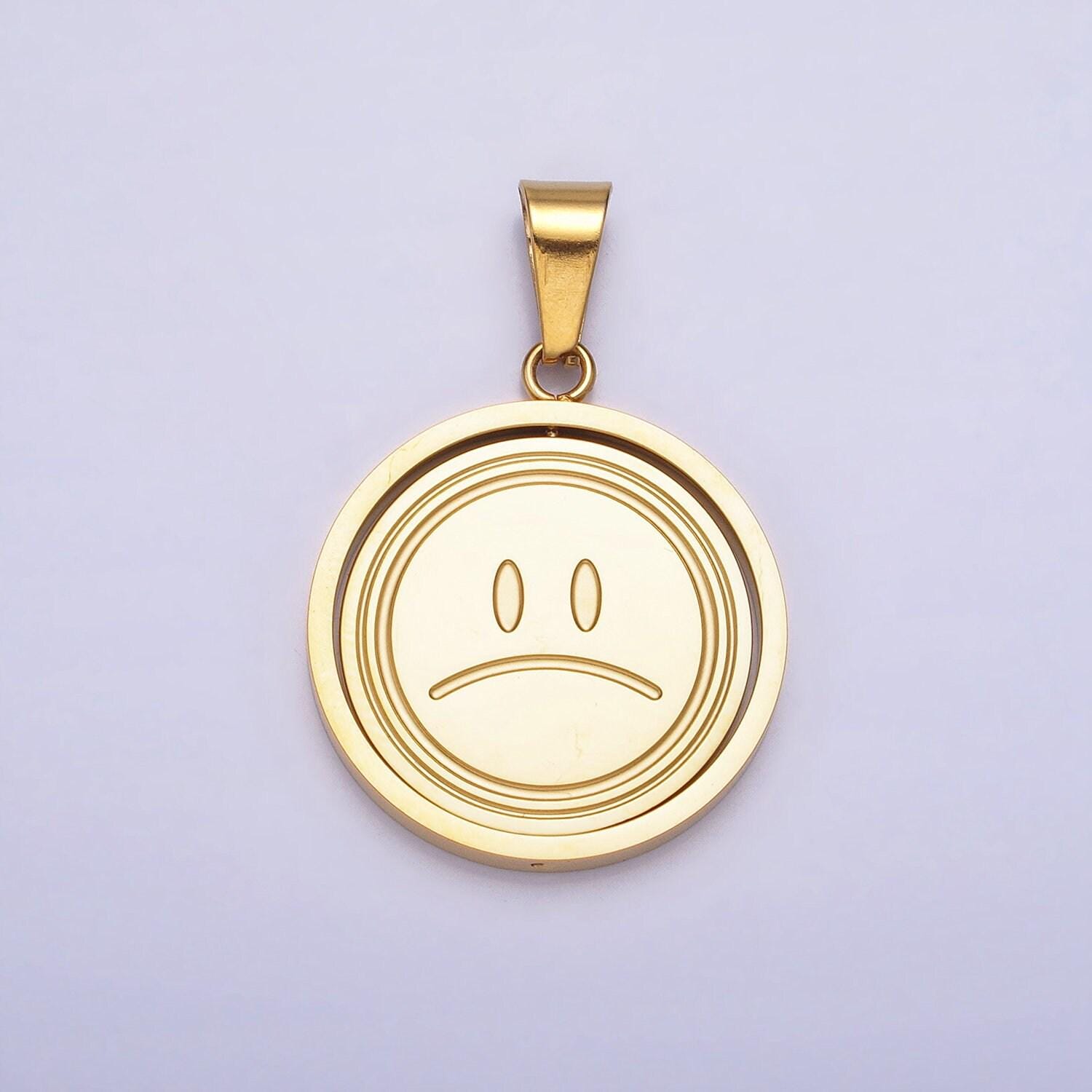 Emotion charm emoticon inspired stainless steel spinning double sided happy face & sad face pendant in gold silver | p-1121